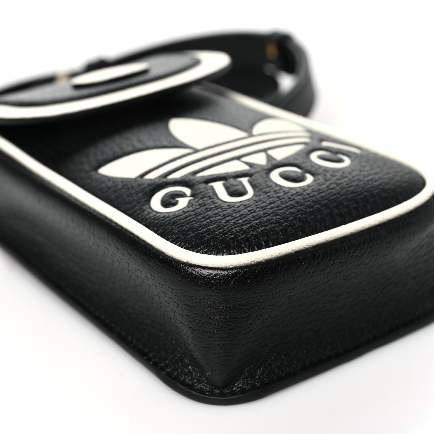 X ADIDAS Textured Dollar Calfskin Trefoil Embossed Phone Crossbody Bag Black Off White