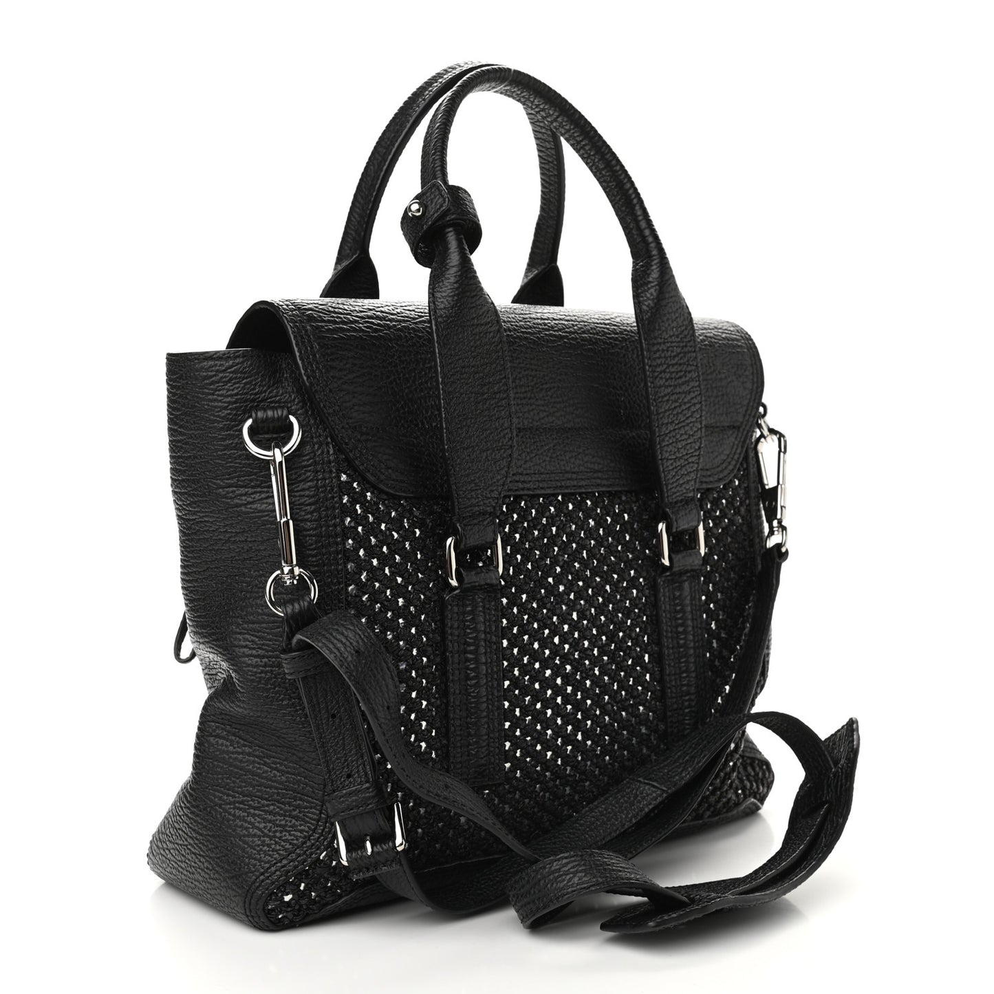 3.1 Textured Calfskin Woven Panel Medium Pashli Satchel Black Silver