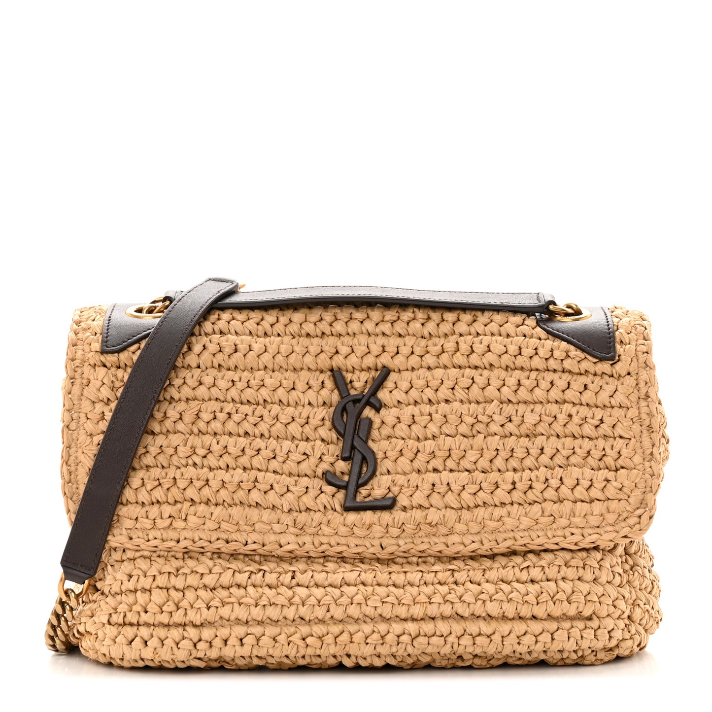 Raffia Calfskin Monogram Medium Niki Chain Satchel Natural