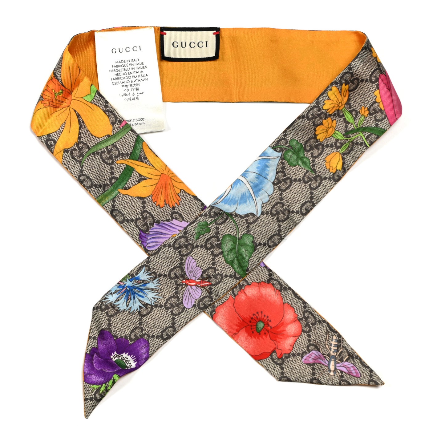 Silk Twill GG Monogram Special Flory Neck Bow Scarf Beige Yellow