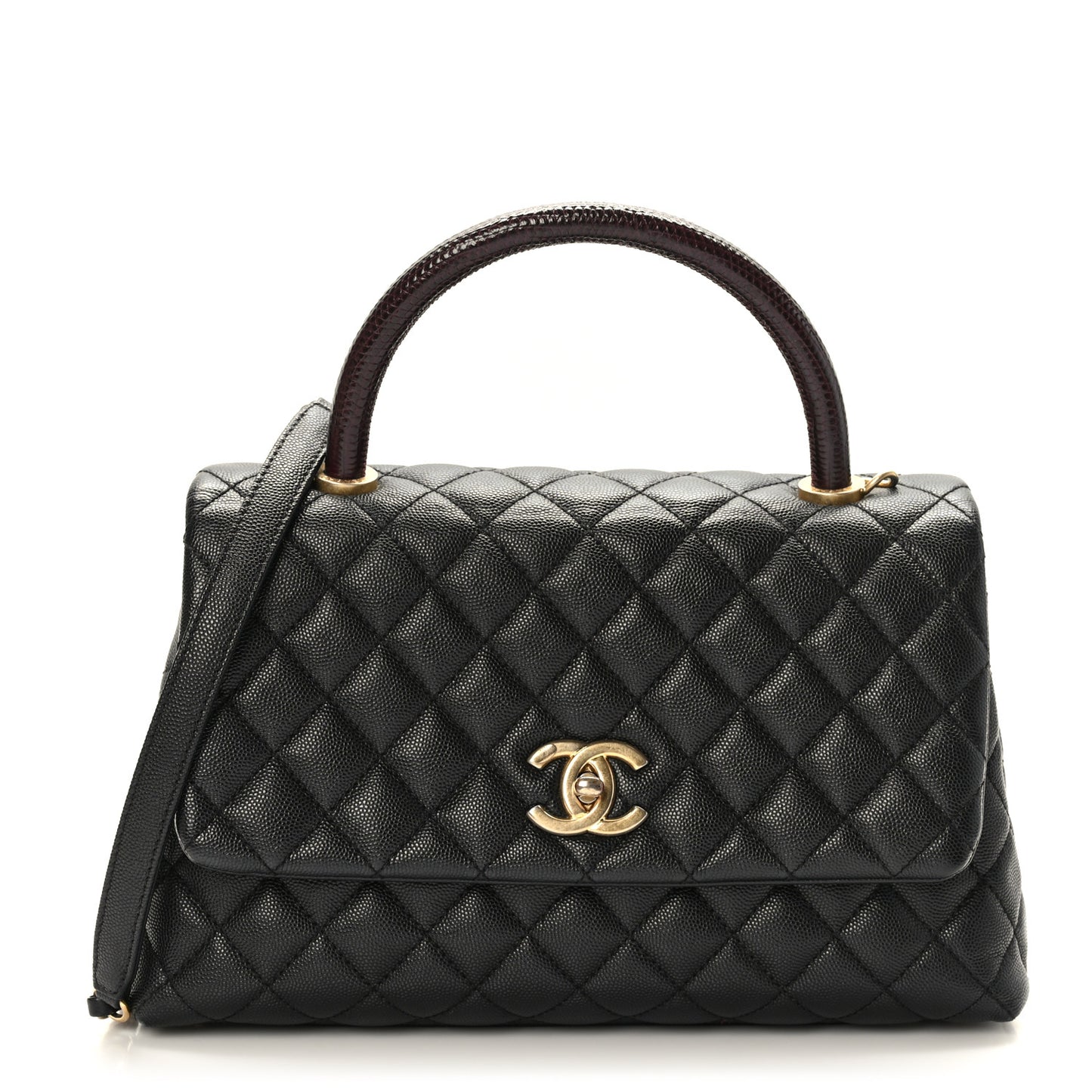 Caviar Lizard Embossed Quilted Small Coco Handle Flap Black