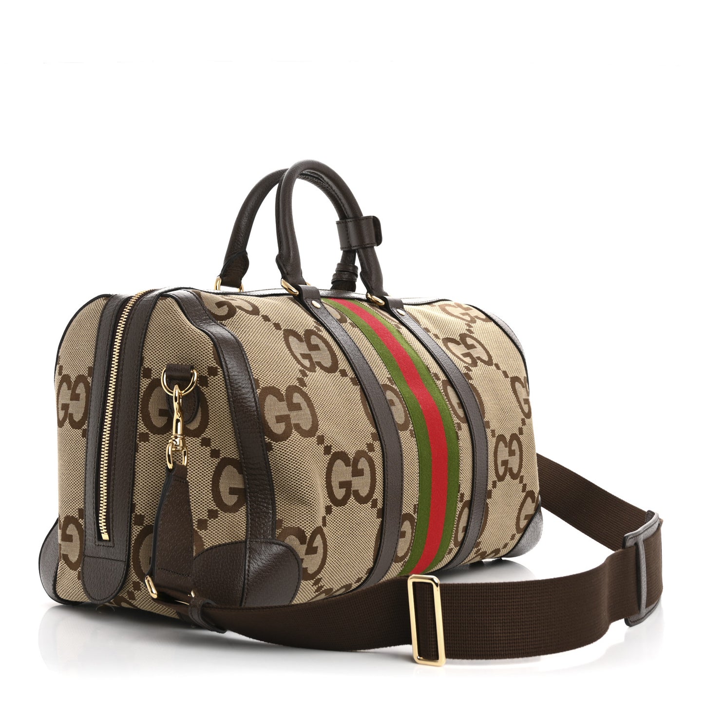 Monogram Jumbo GG Textured Dollar Calfskin Web Medium Duffle Bag Camel Ebony