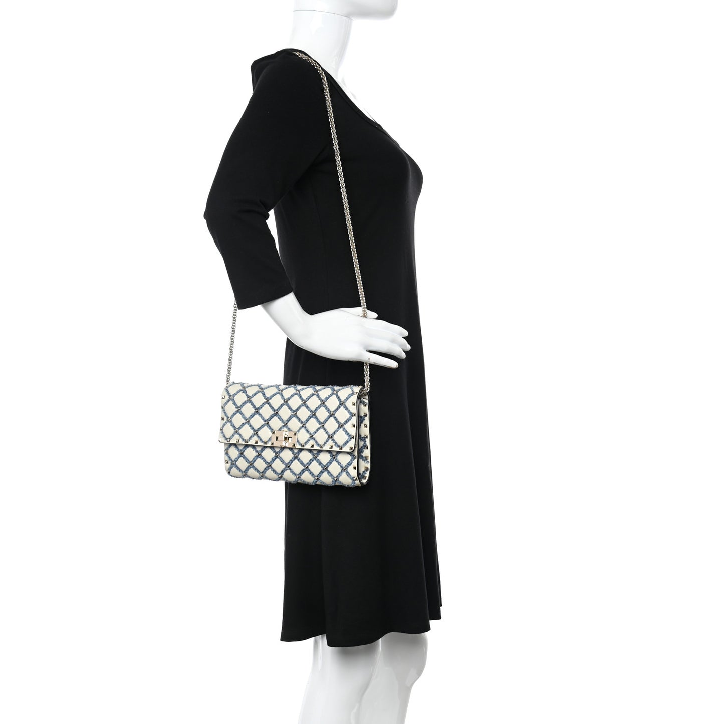 Nappa Denim Quilted Rockstud Spike Wallet on Chain Ivory Blue