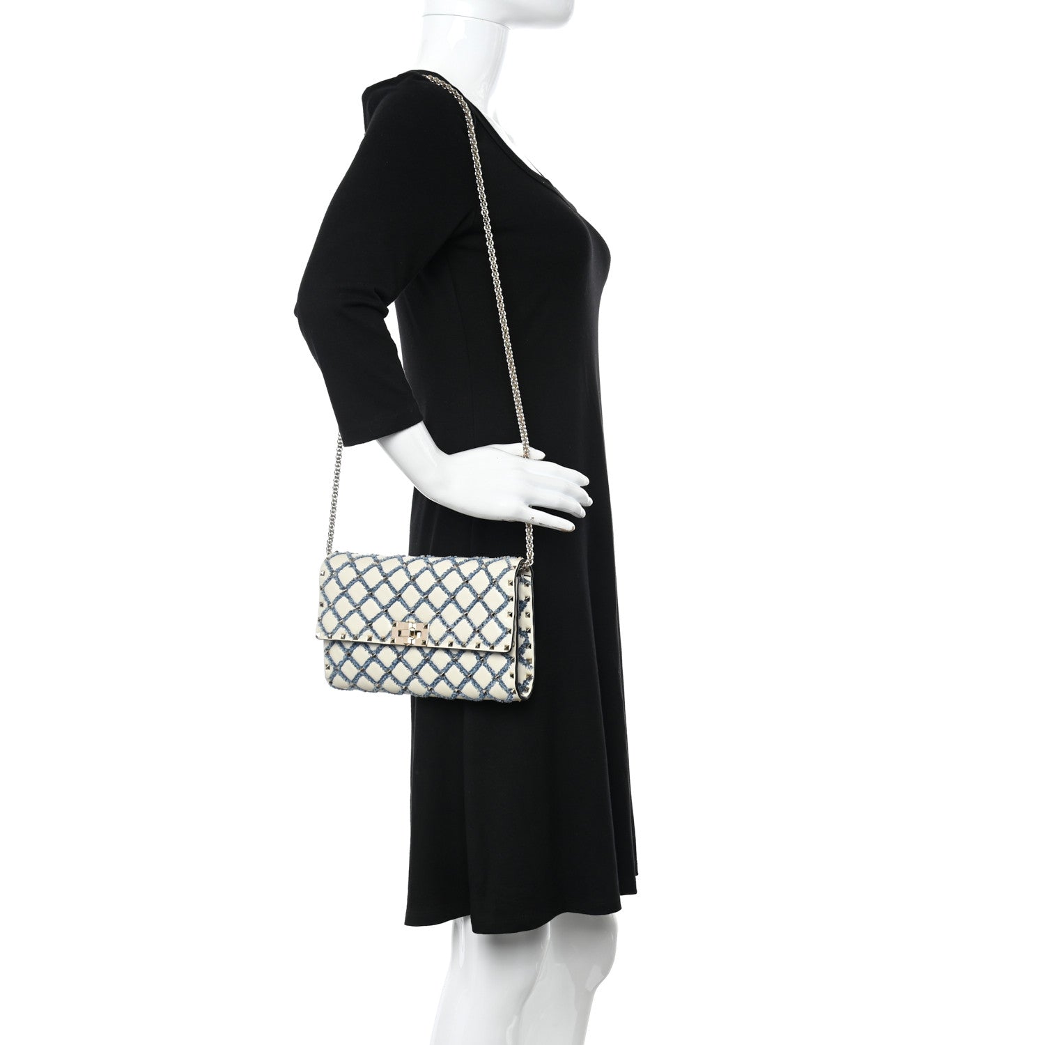 Valentino Garavani Nappa Denim Quilted Rockstud Spike Wallet on Chain Ivory Blue 2 of 13