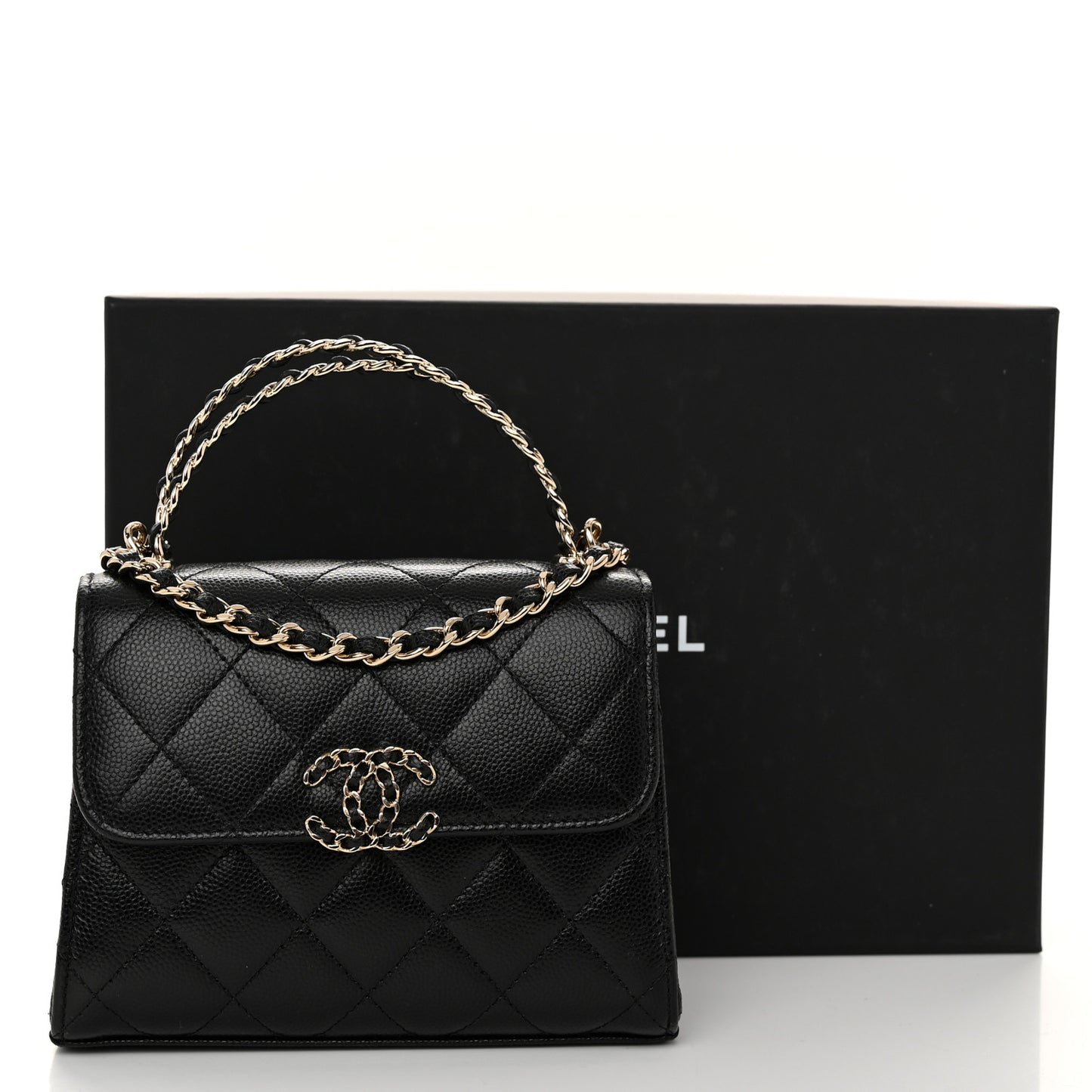 Caviar Quilted Double Chain Top Handle Flap With Chain Black
