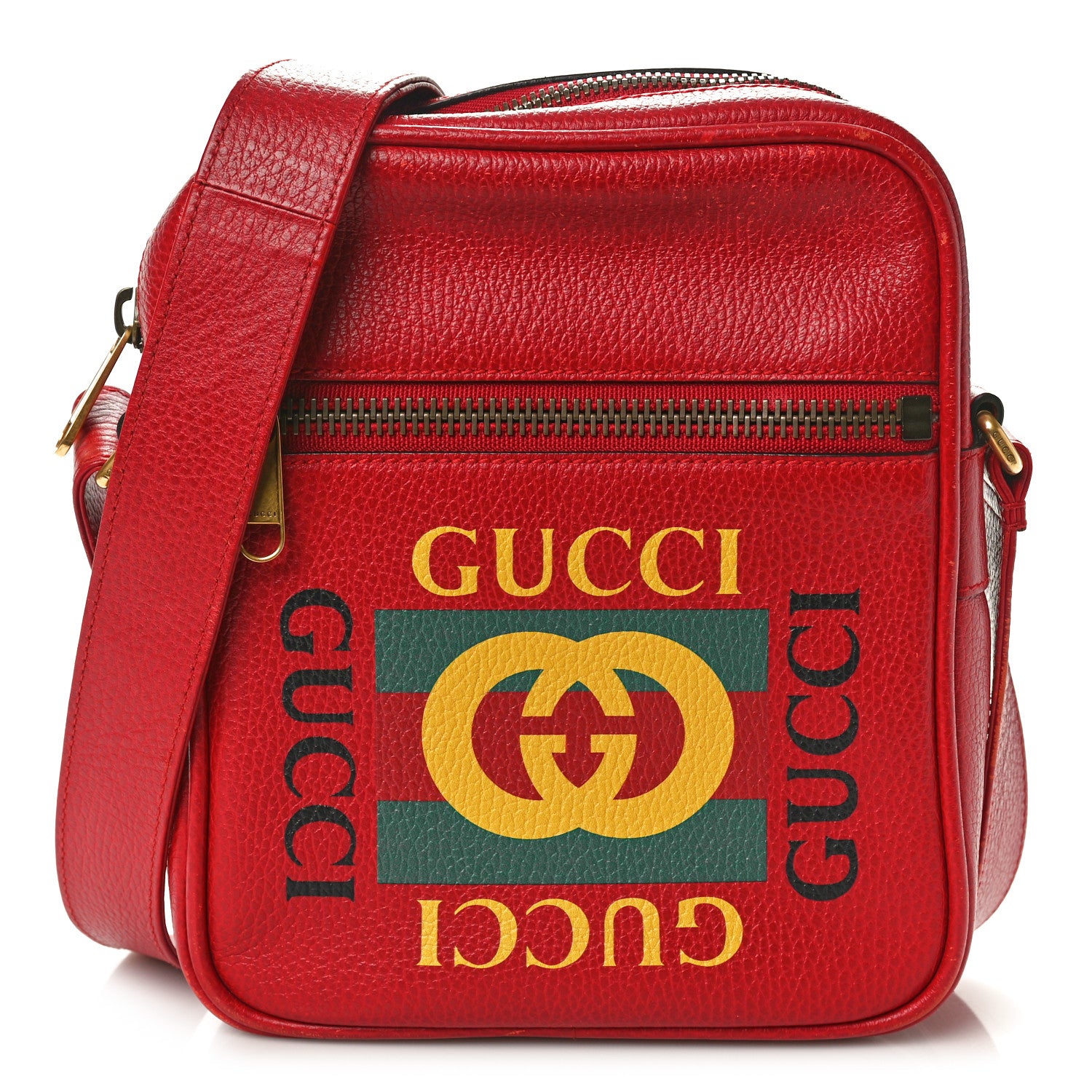 Gucci Grained Calfskin Logo Messenger Bag Hibiscus Red 1567699