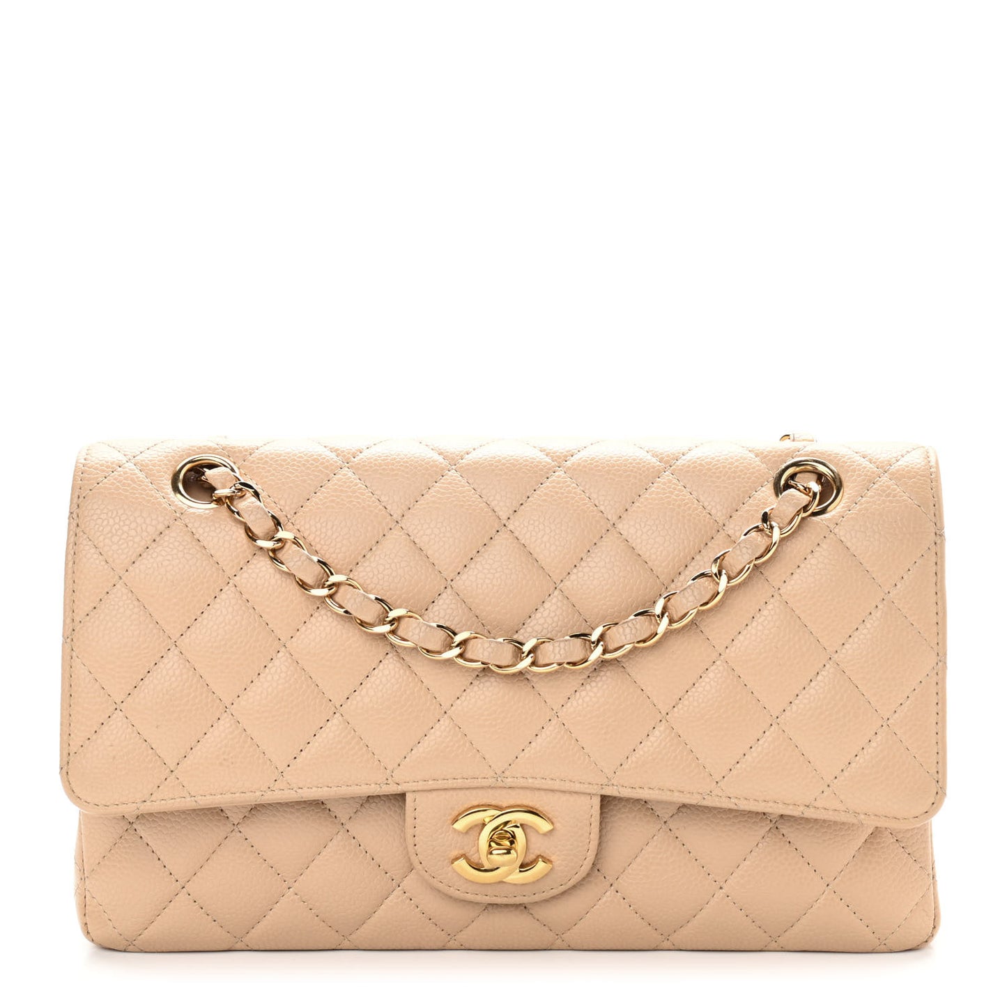 Caviar Quilted Medium Double Flap Beige