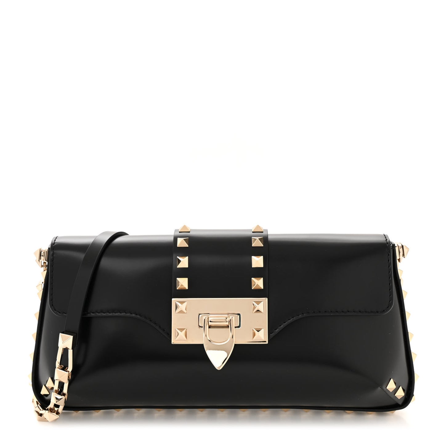 Brushed Calfskin Rockstud Flip Lock Chain Shoulder Bag Black