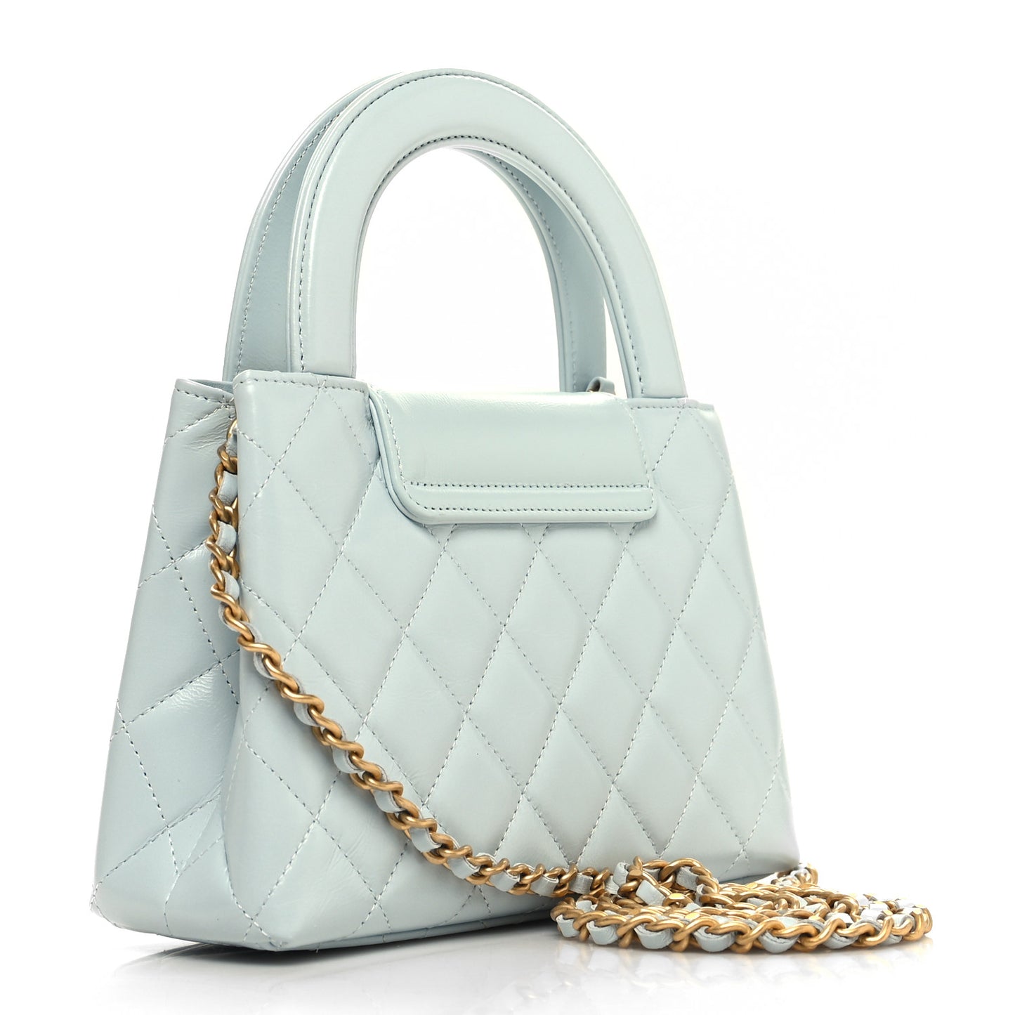 Shiny Aged Calfskin Quilted Nano Kelly Shopper Light Blue