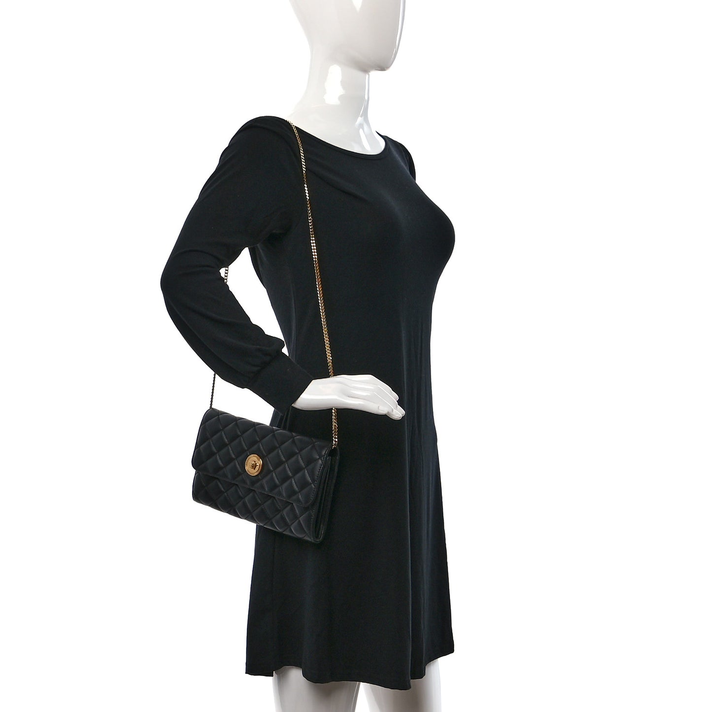 Lambskin Quilted Medusa Wallet on Chain Crossbody Black
