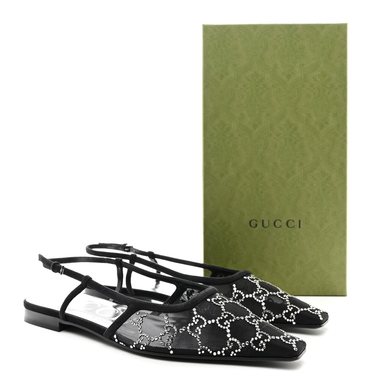Gucci Tela Retino Kid Scamosciato Crystal GG Monogram Square Demi Ballet Flats 39.5 Black 9 of 9