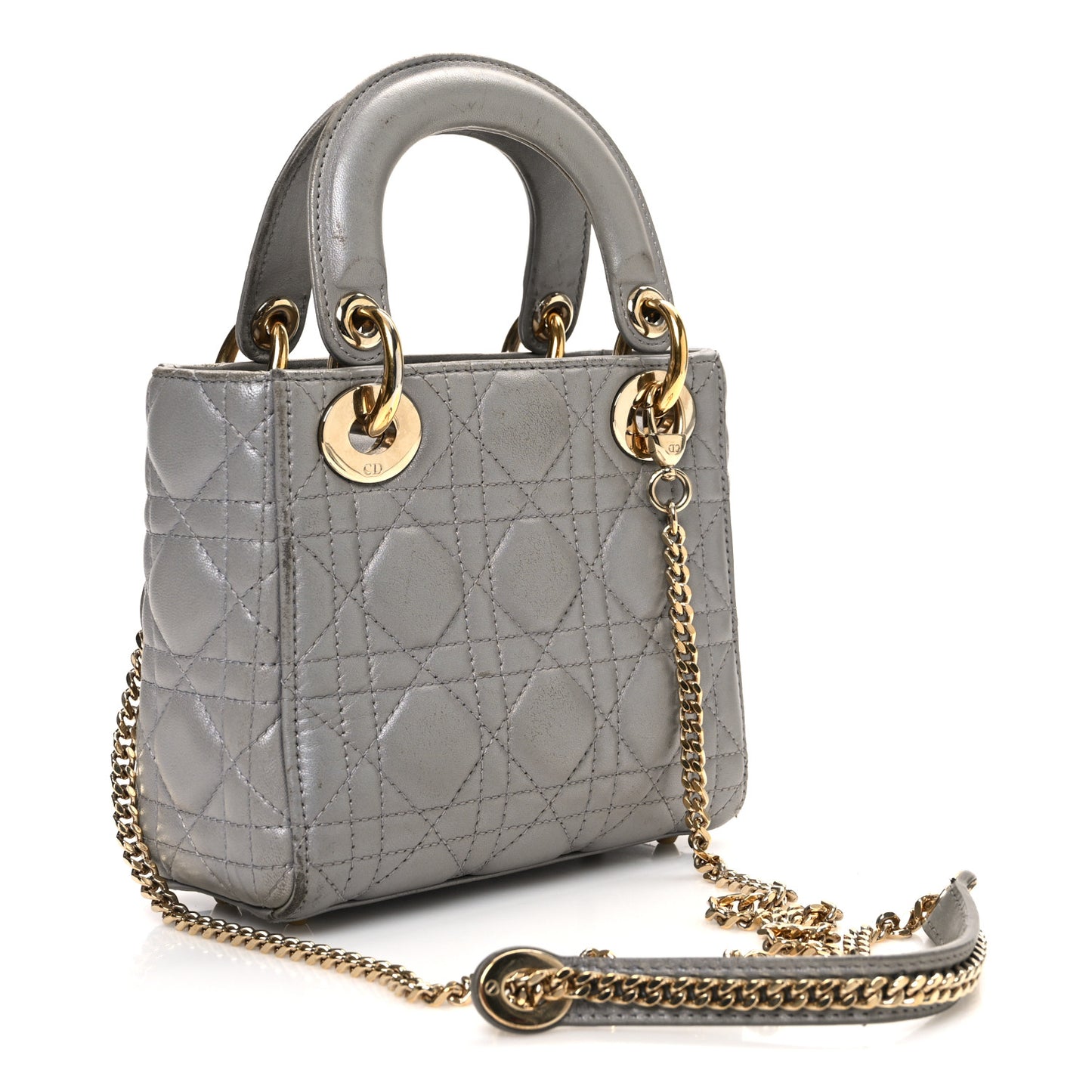 Metallic Lambskin Cannage Mini Lady Dior Grey