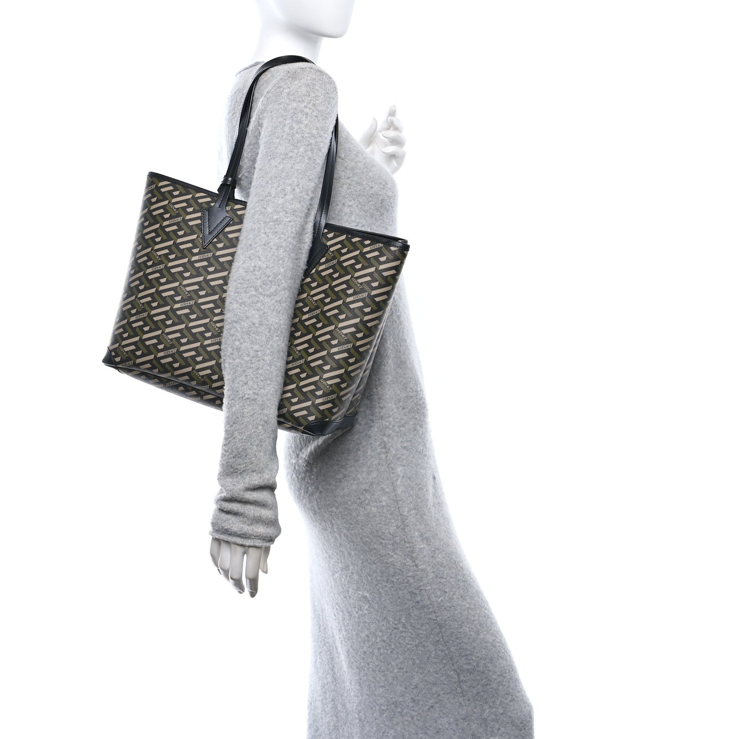 Canvas Calfskin Monogram La Greca Medusa Tote Black Khaki