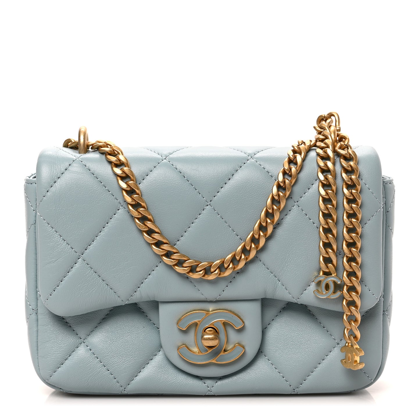 Lambskin Enamel Quilted Mini Pending CC Square Flap Light Blue