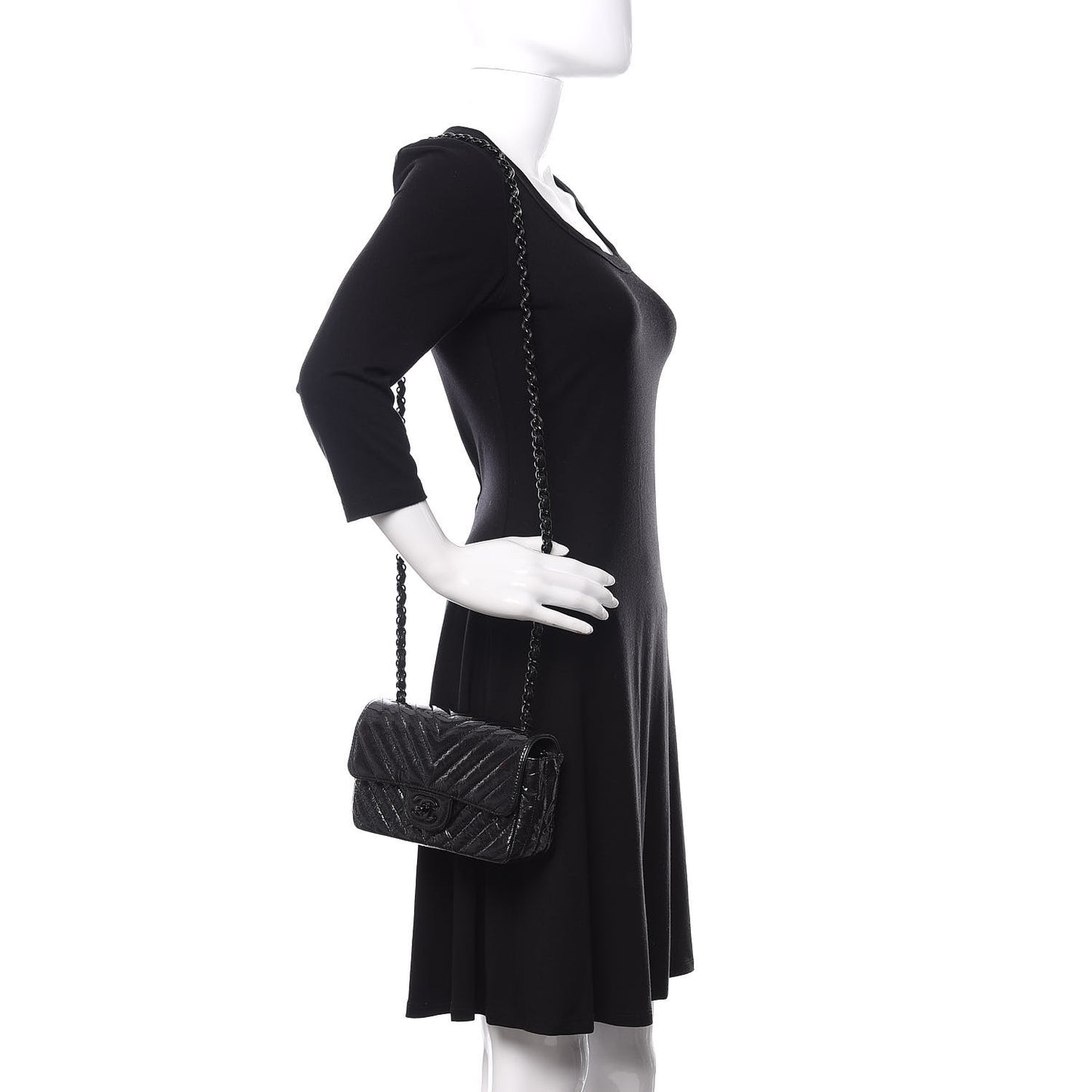 Patent Metallic Crumpled Calfskin Chevron Quilted Mini Rectangular Flap So Black