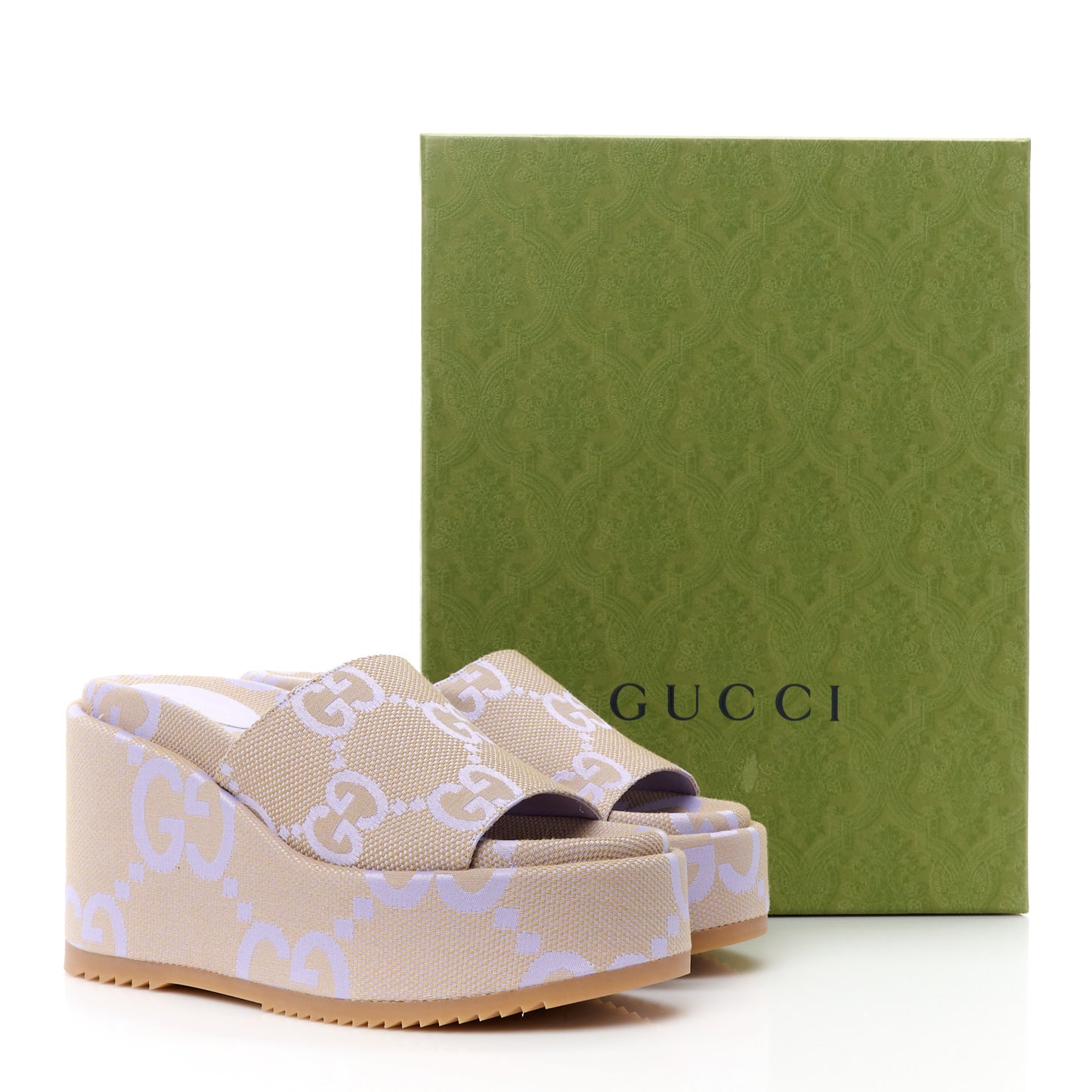 Monogram Jumbo GG Platform Slide Wedge Sandals 39 Beige Lapis