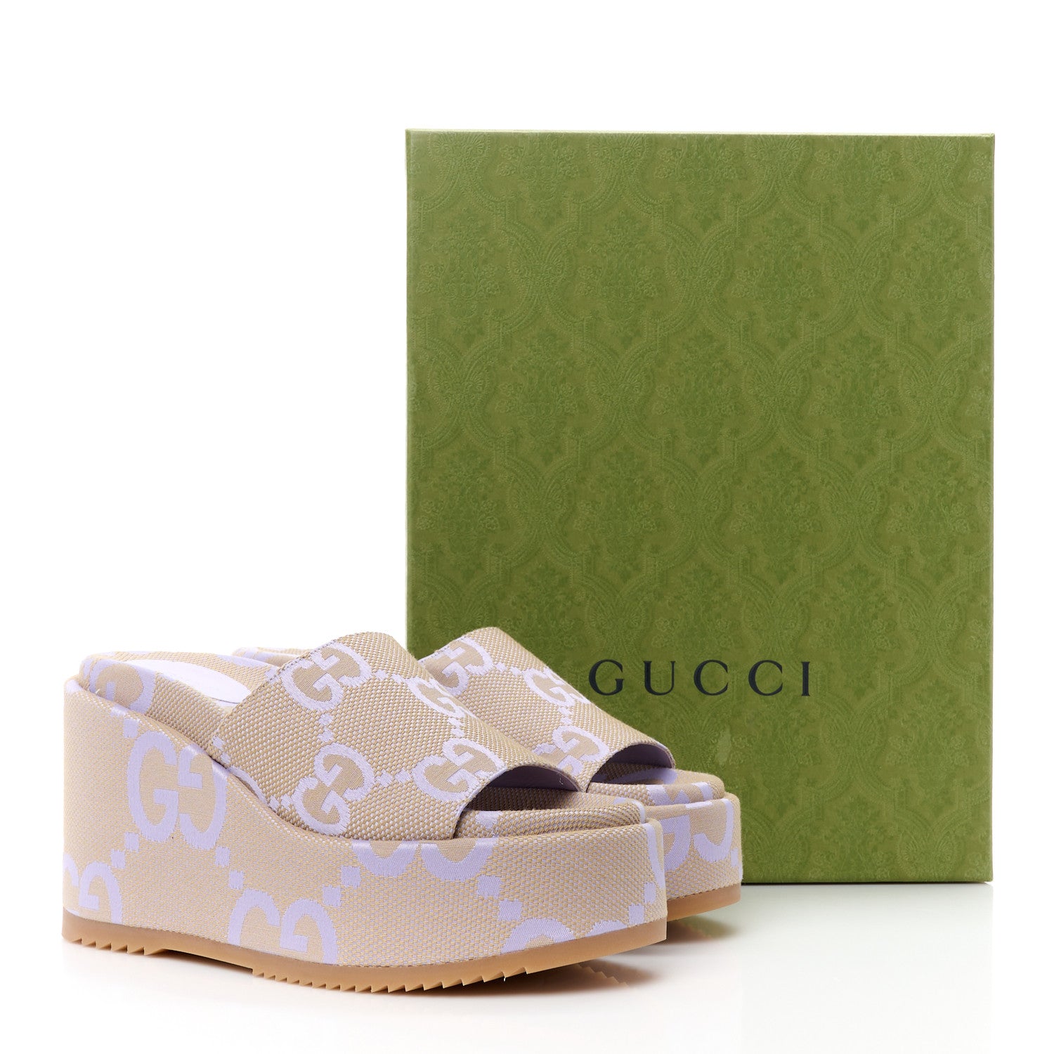 Gucci Monogram Jumbo GG Platform Slide Wedge Sandals 39 Beige Lapis 10 of 10