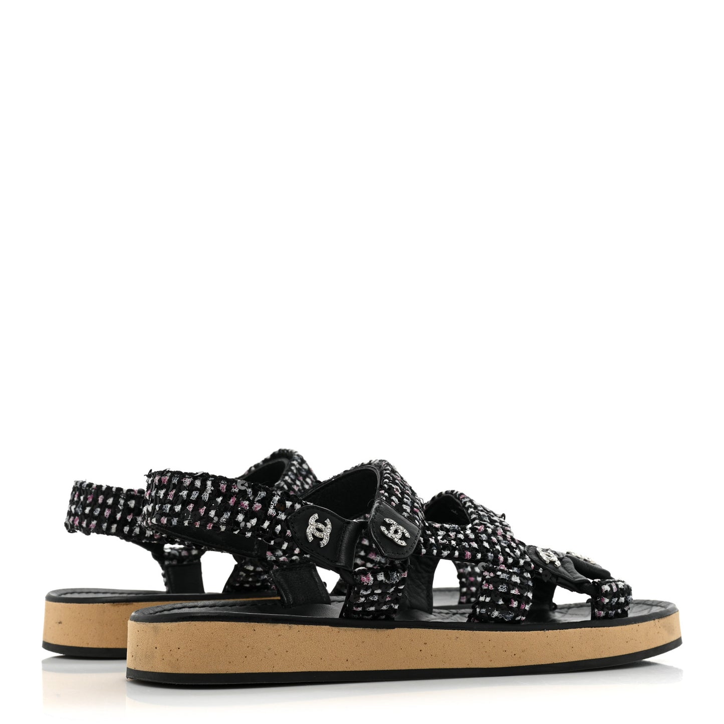 Tweed Lambskin Crystal CC Sandals 37 Black Multicolor
