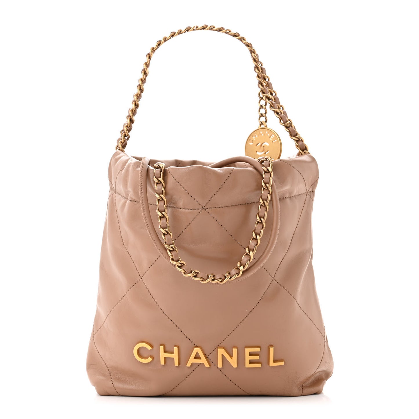 Shiny Calfskin Quilted Mini Chanel 22 Dark Beige