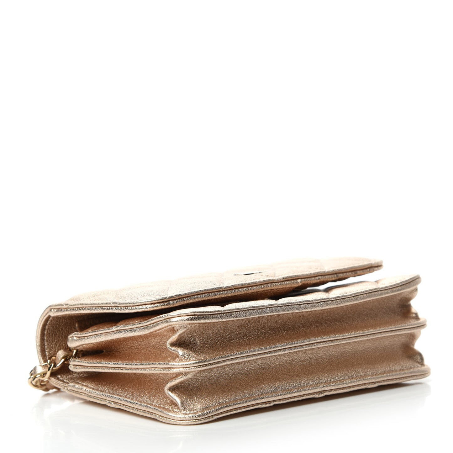 Metallic Lambskin Quilted Mini Wallet On Chain WOC Gold