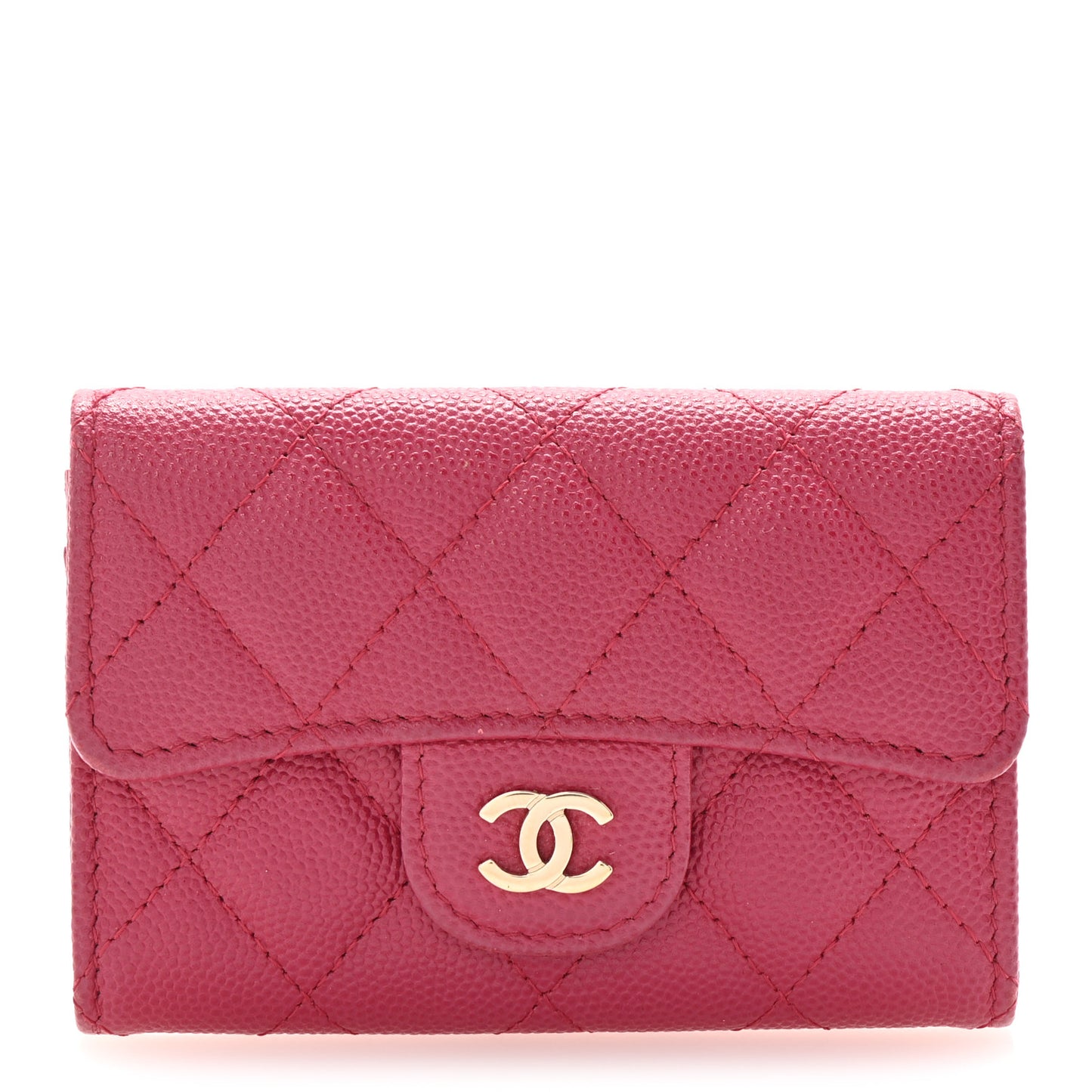 Caviar Quilted Flap Card Holder Wallet Dark Pink