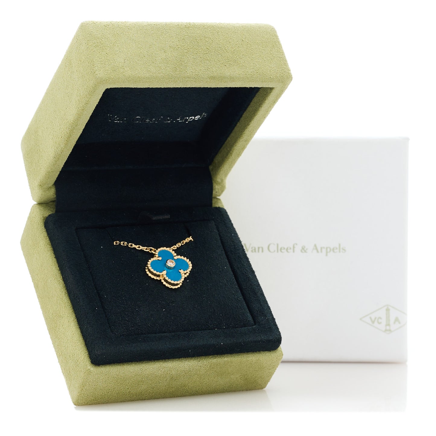 18K Yellow Gold Diamond Celestial Blue Sevres Porcelain Vintage Alhambra Pendant Necklace