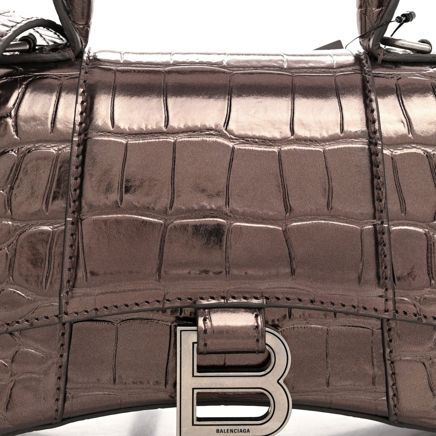 Metallic Shiny Calfskin Crocodile Embossed Hourglass Top Handle Bag XS Dark Bronze