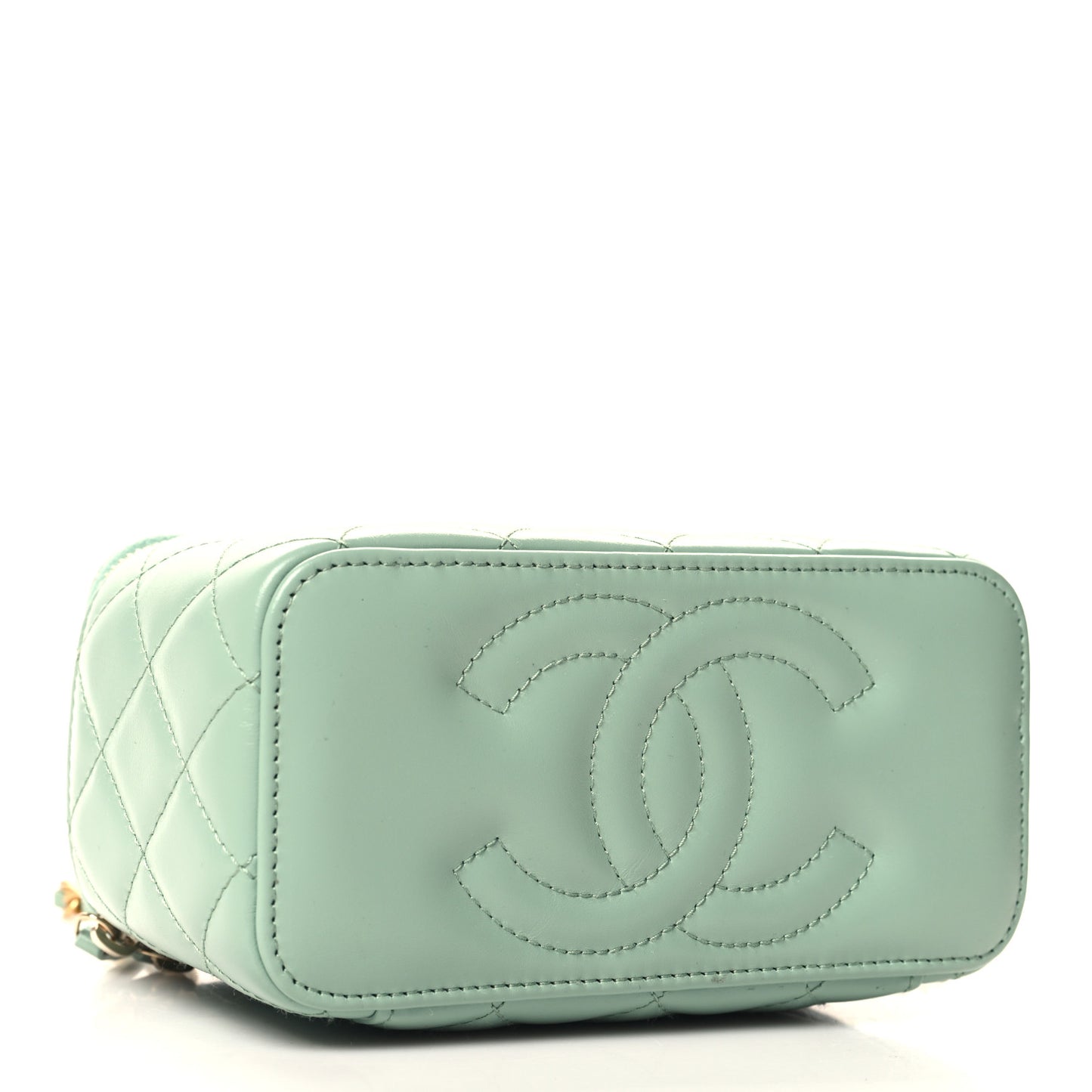 Shiny Calfskin Quilted Small Top Handle Vanity Case With Chain Light Green