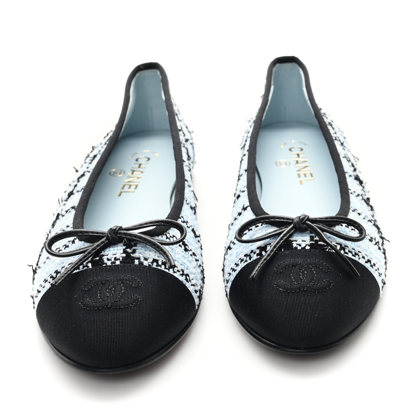 Tweed Grosgrain Cap Toe Ballerina Flats 39.5 Light Blue Black