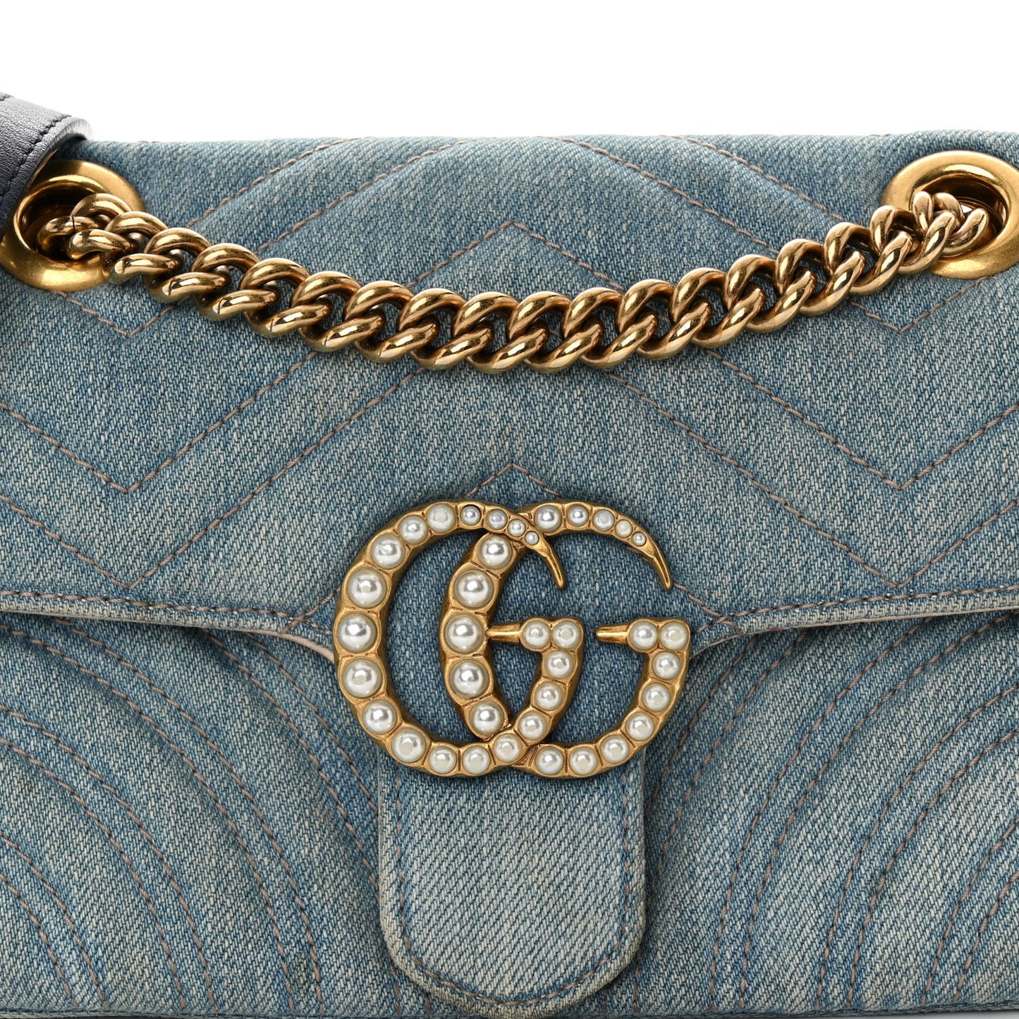Denim Matelasse Mini Pearly GG Marmont Shoulder Bag Blue