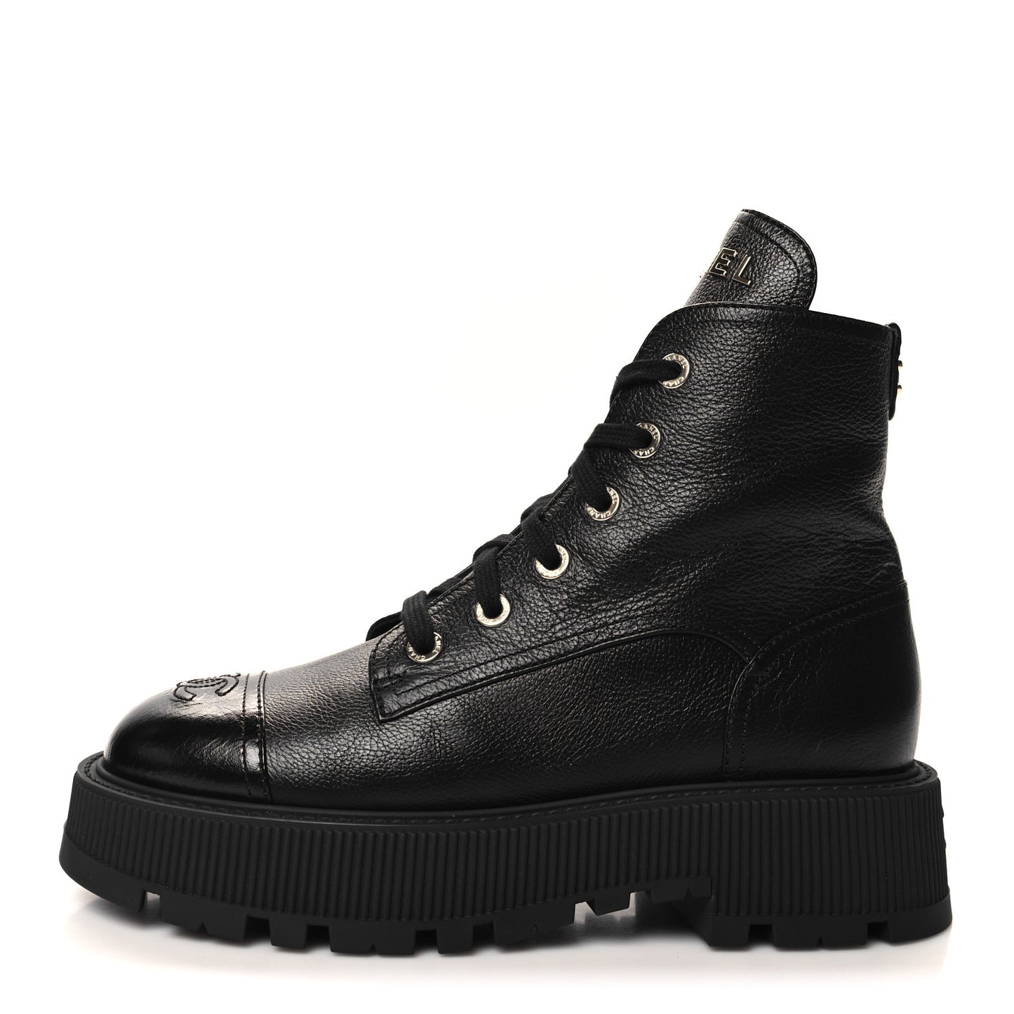 Grained Calfskin Shiny Calfskin CC Lace Up Combat Boots 40 Black