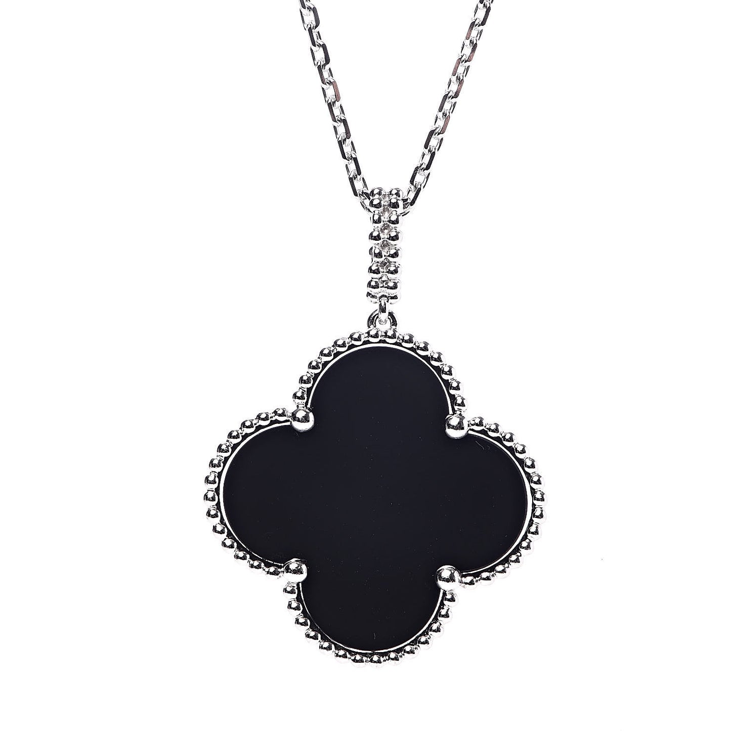 18K White Gold Black Onyx Magic Alhambra Pendant Necklace