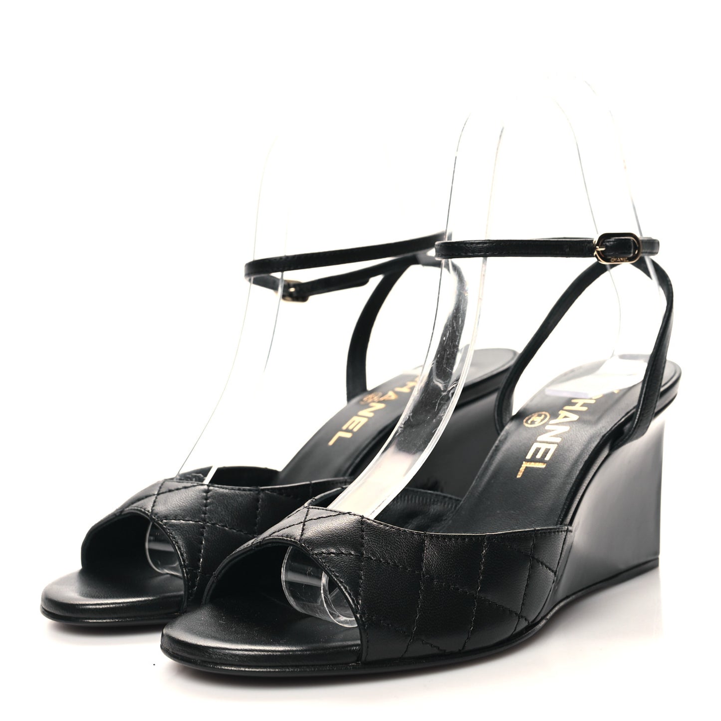 Lambskin Patent Quilted Wedge Sandals 36.5 Black
