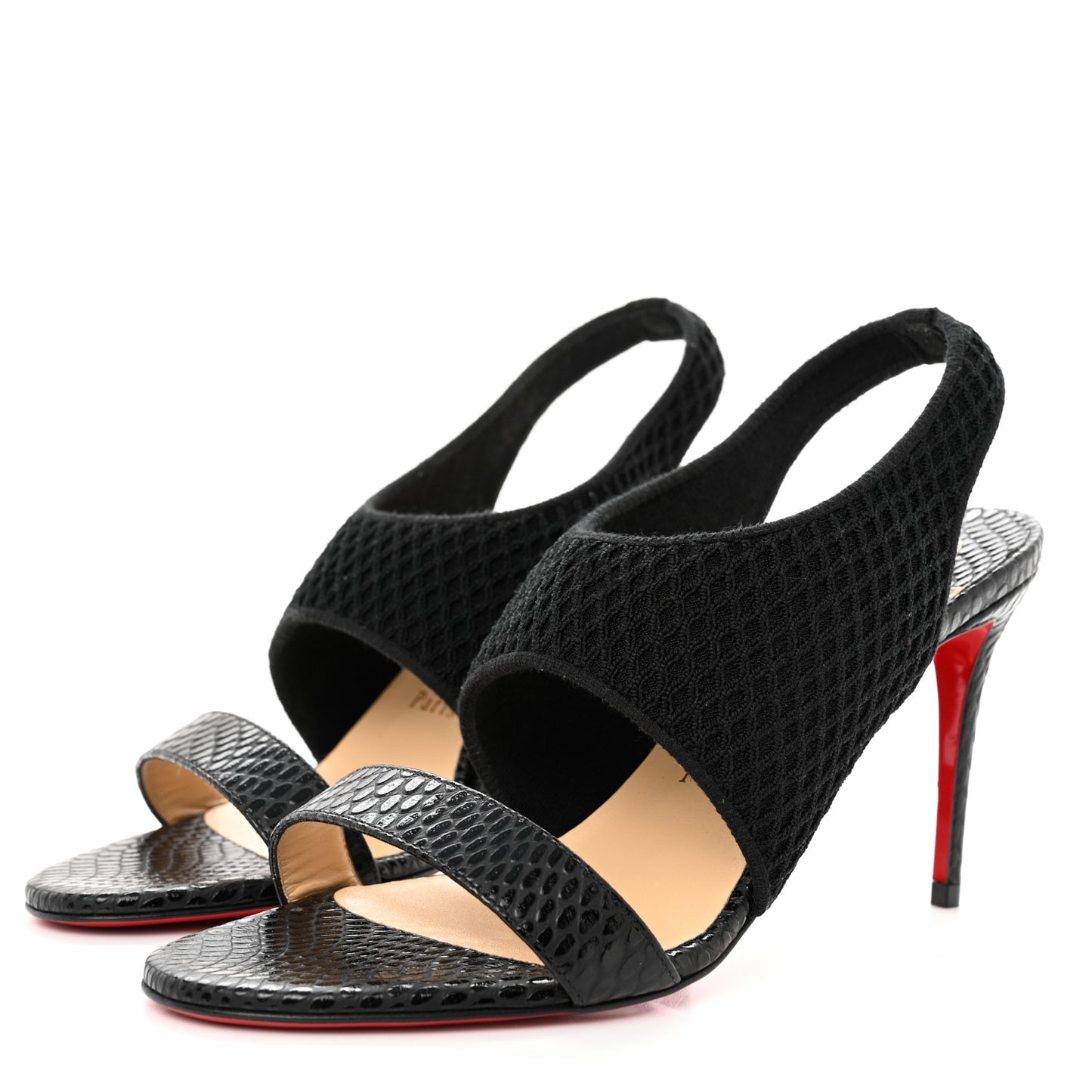 Calfskin Mesh Snakeskin Embossed Georgette 85 Sandals 38 Black