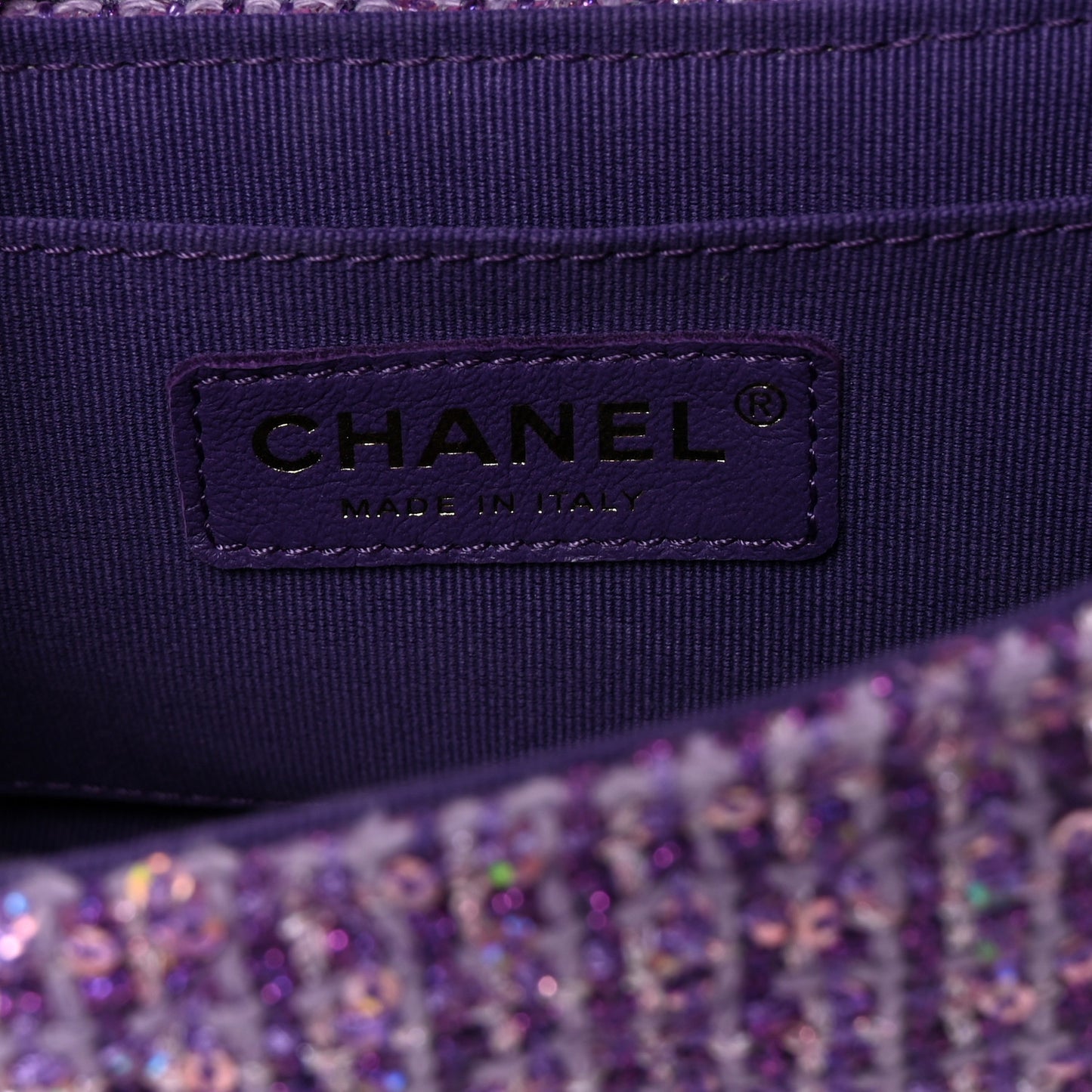 Tweed Sequin Quilted Baywatch Top Handle Flap Purple Silver Light Purple