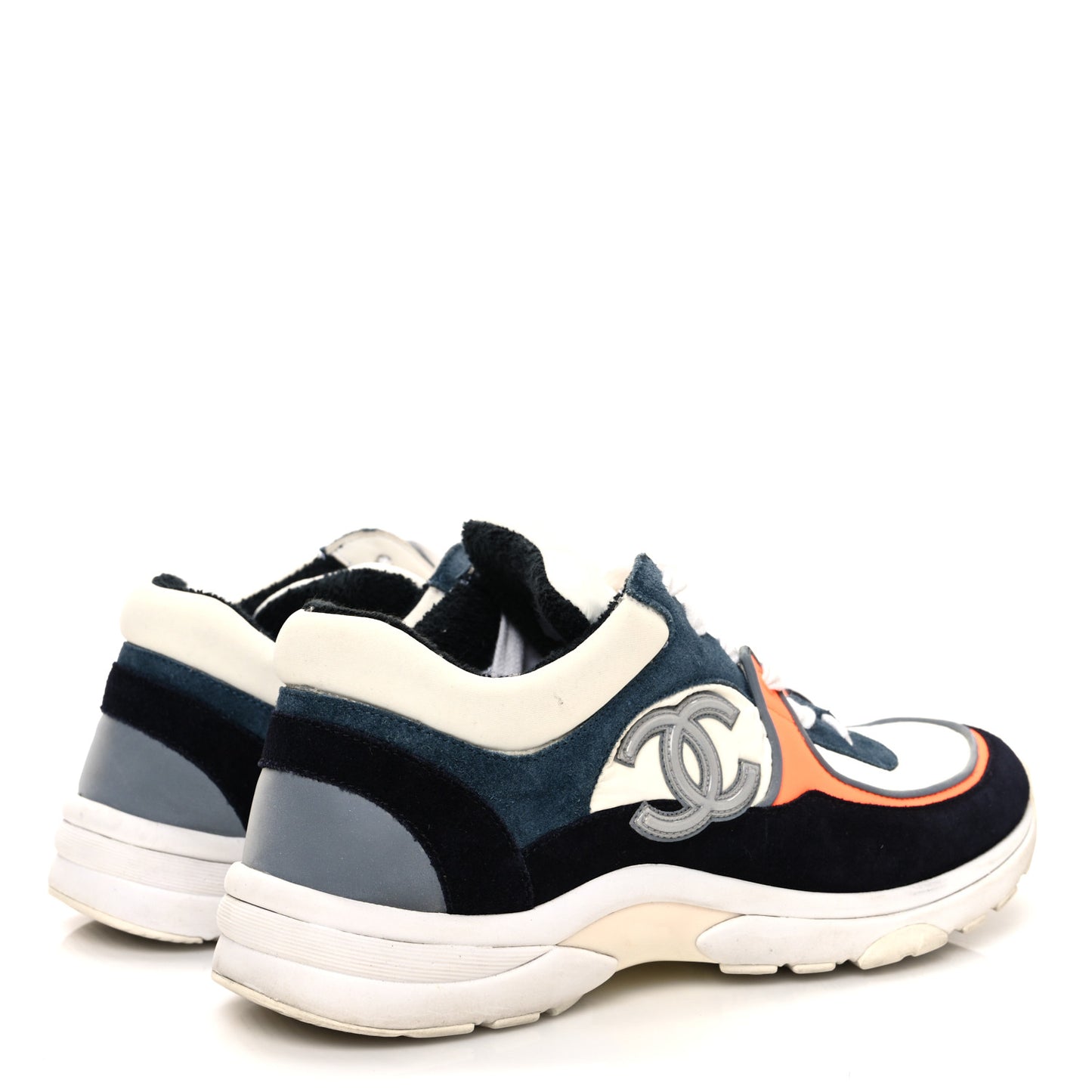 Nylon Calfskin Suede CC Womens Sneakers 38.5 Navy White Orange