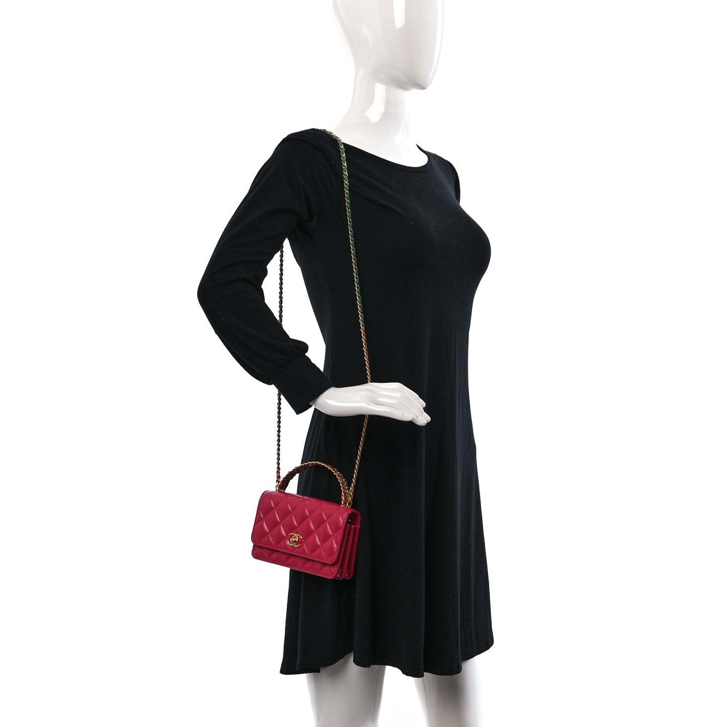 Shiny Calfskin Quilted Mini Multicolor Top Handle Wallet On Chain WOC Dark Pink