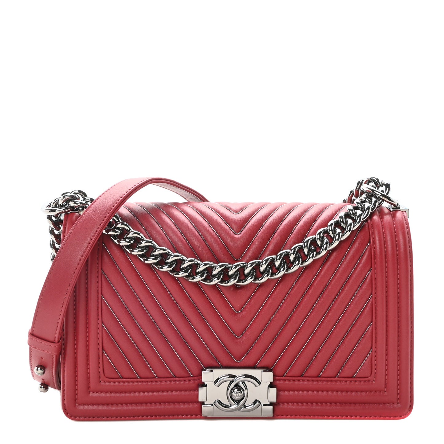 Lambskin Chevron Chain Stitched Medium Boy Flap Dark Red
