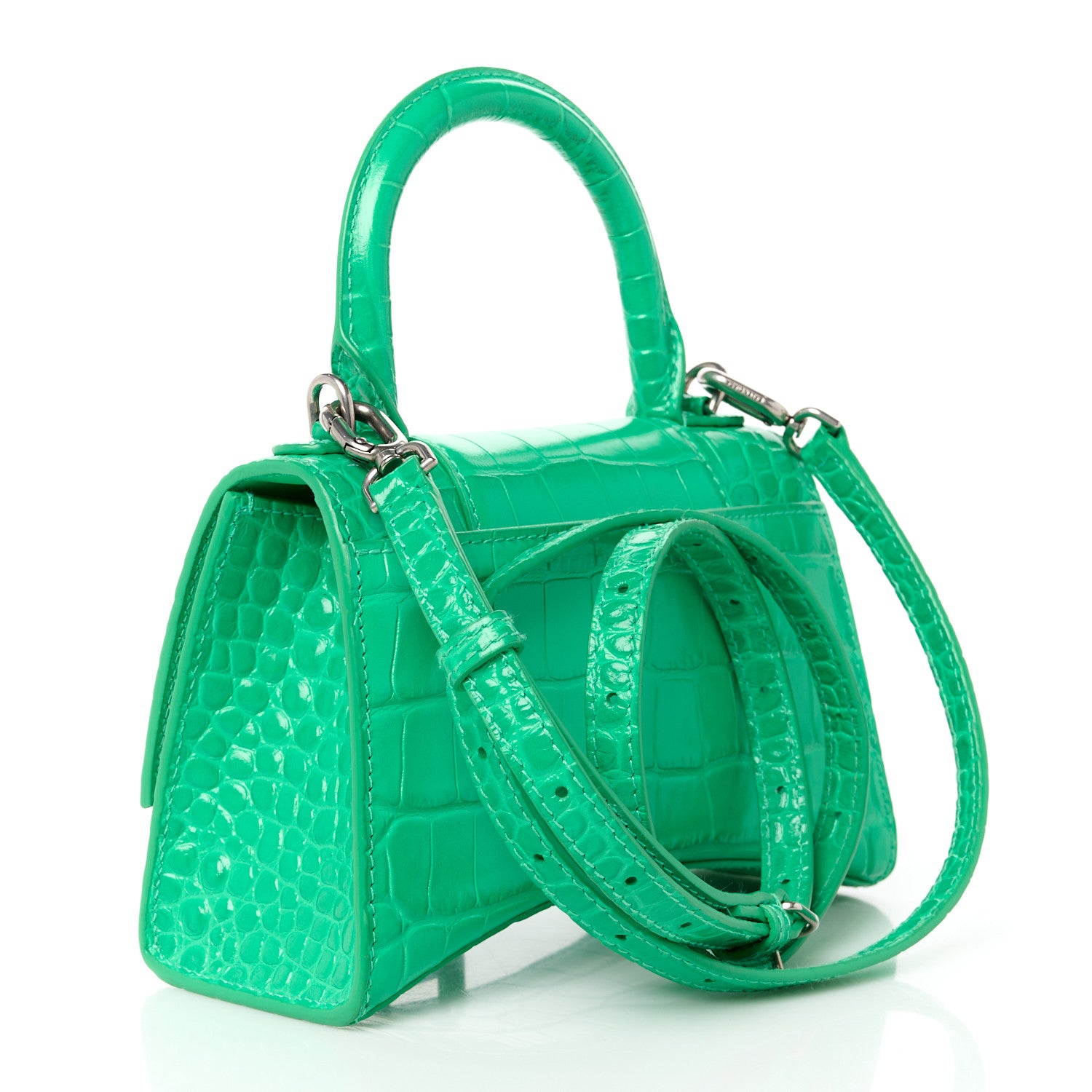 Balenciaga Shiny Calfskin Crocodile Embossed Hourglass Top Handle Bag XS Vivid Green 3 of 13