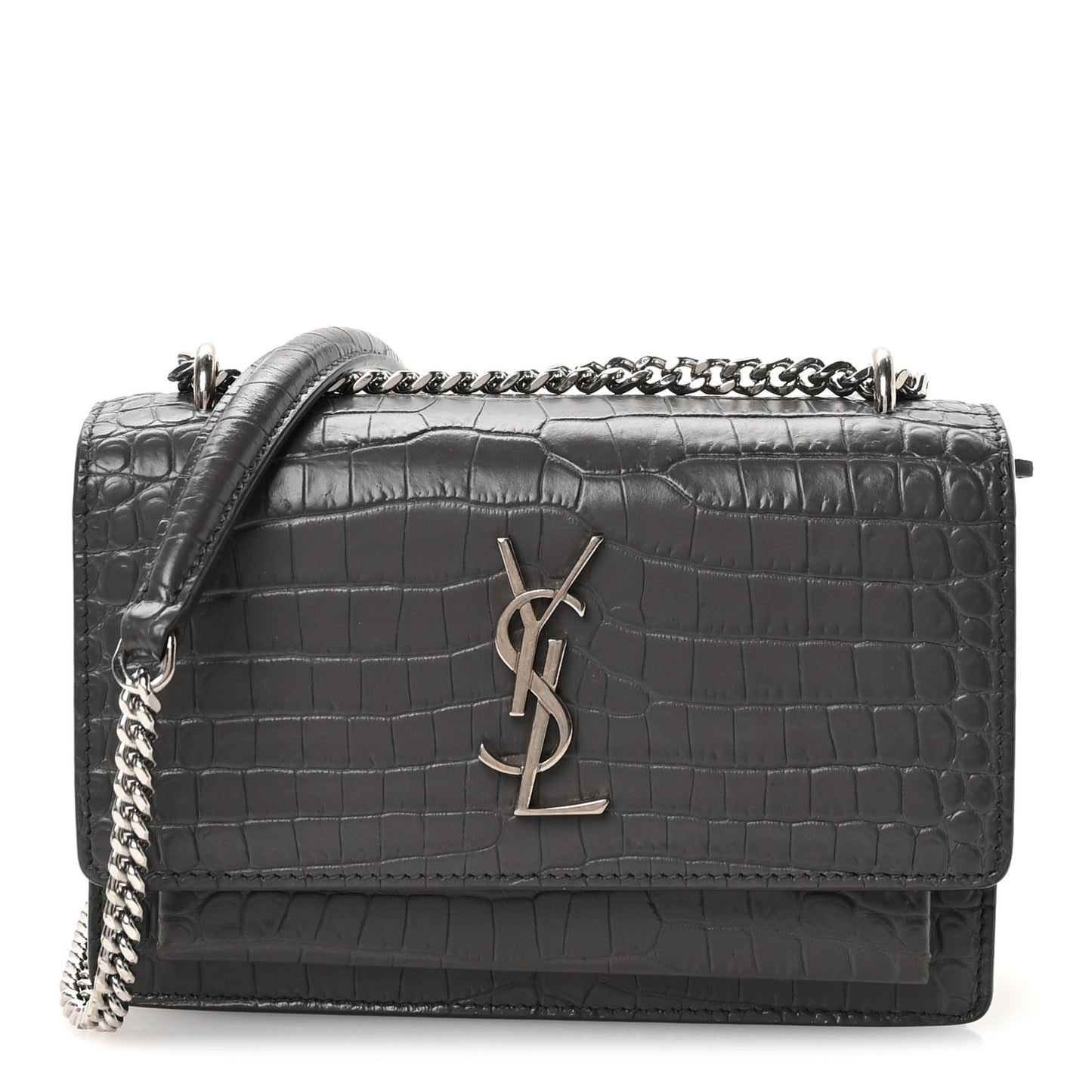 Calfskin Crocodile Embossed Monogram Sunset Chain Wallet Asphalt