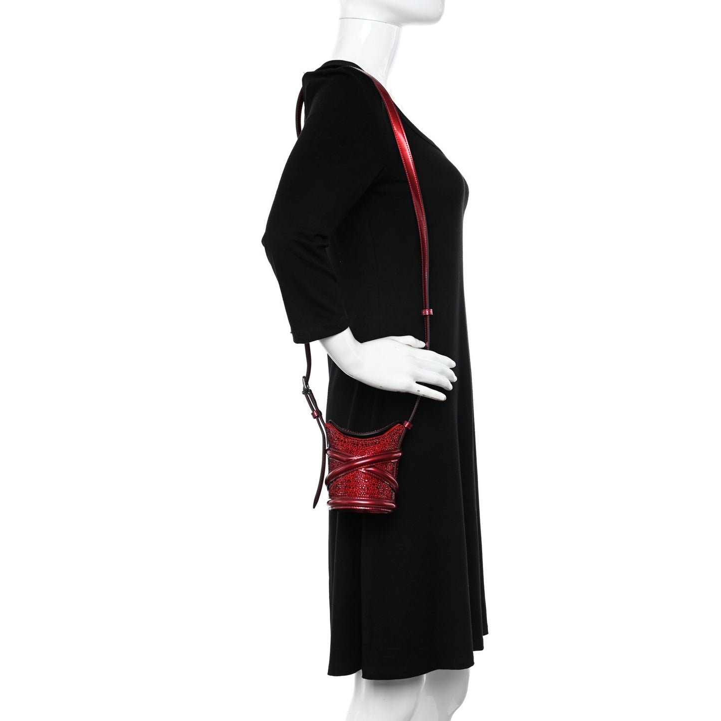 Metallic Calfskin Crystal Micro Curve Bucket Bag Red