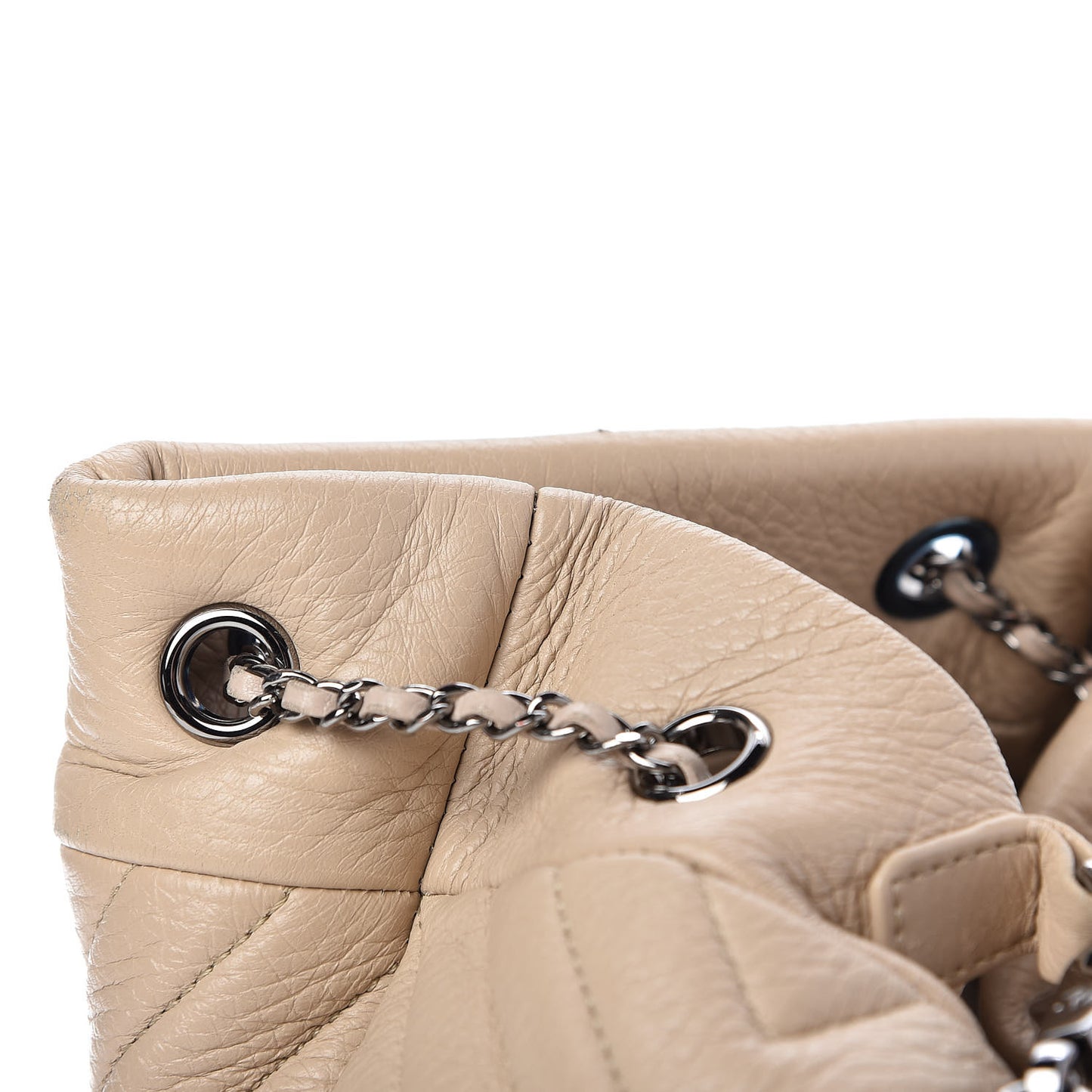 Deerskin Chevron Medium CC Chain Bucket Drawstring Bag Beige