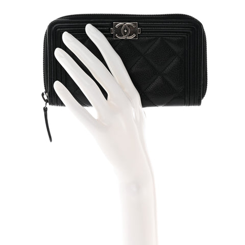 Caviar Quilted Boy Small Zip Around Wallet Black
