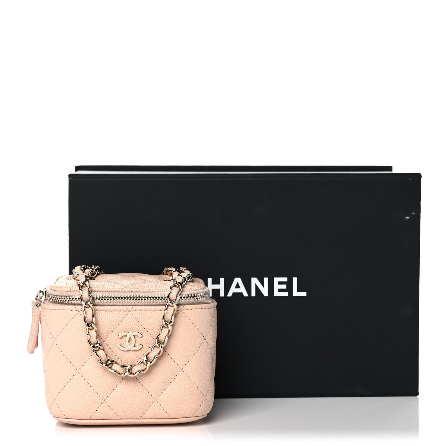 Caviar Quilted Mini Vanity Case With Chain Light Beige