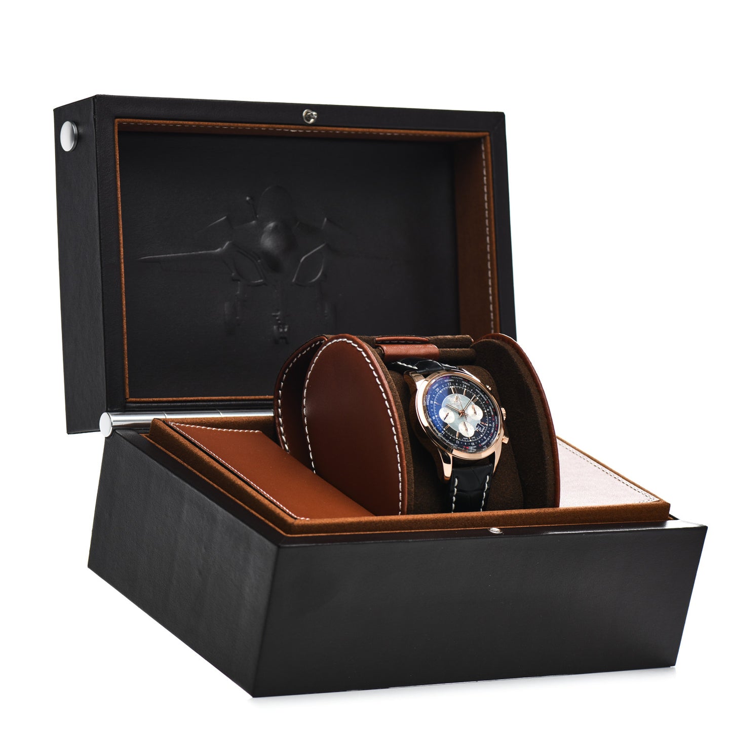 18K Rose Gold Alligator 46mm Transocean Unitime Chronograph Automatic Watch Black RB0510