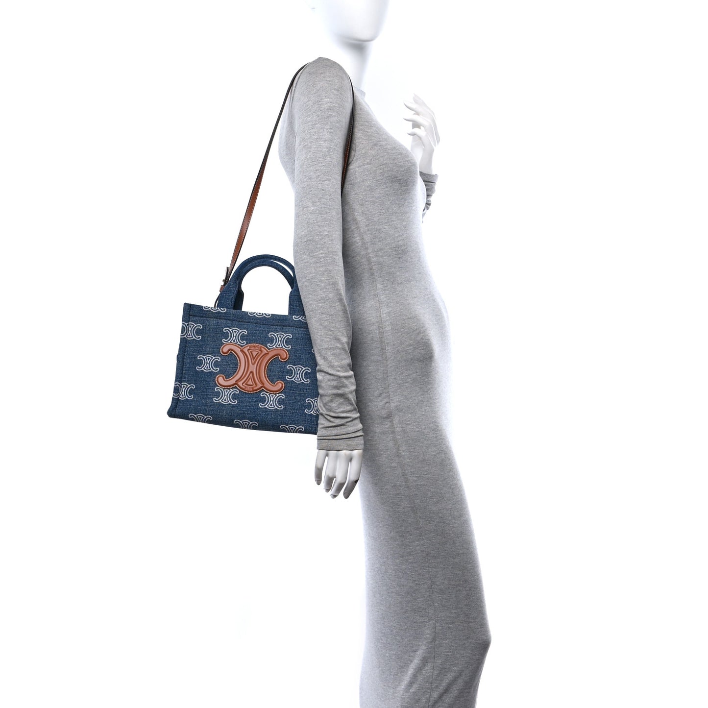 Denim Calfskin Triomphe Print Cabas Blue Tan