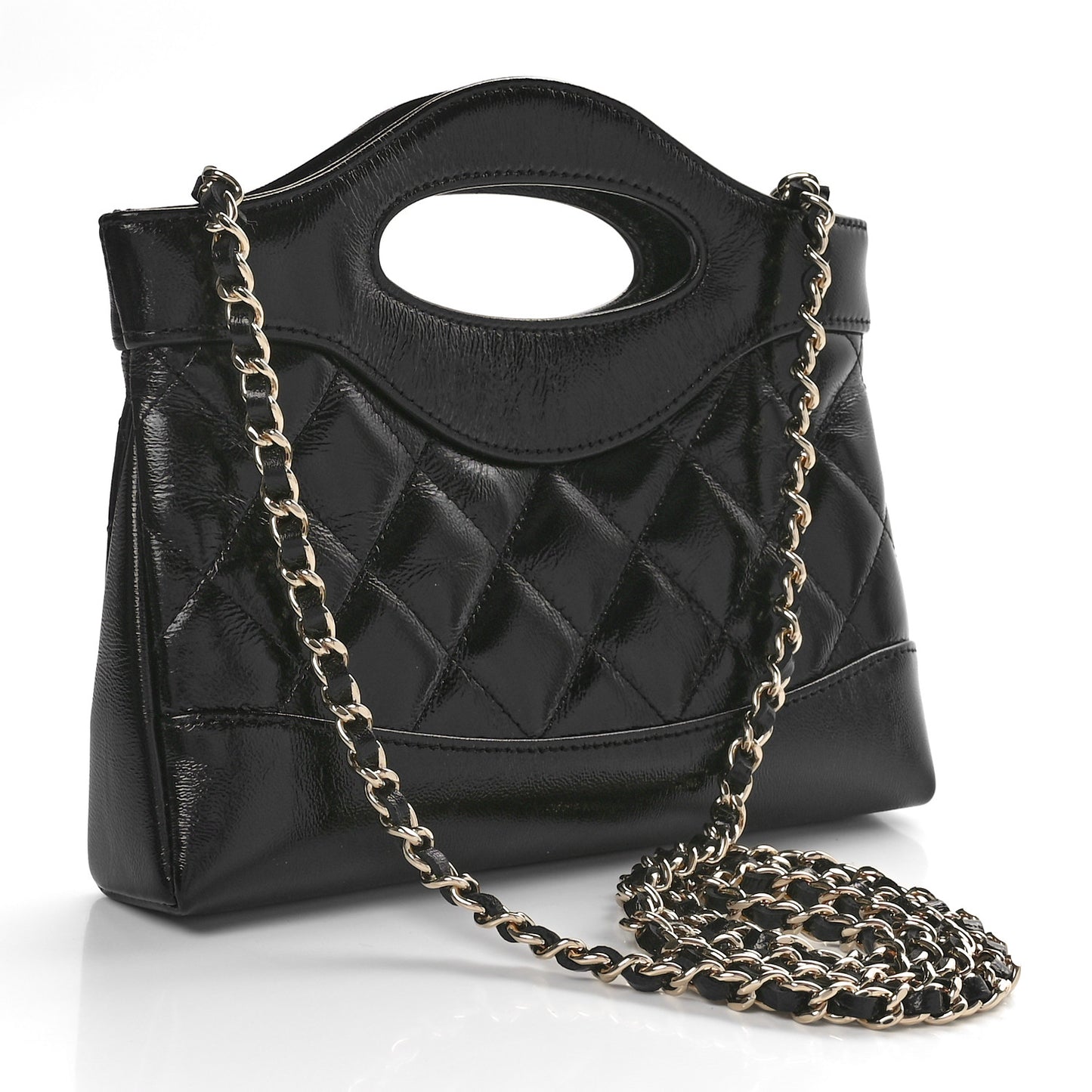 Shiny Crumpled Calfskin Quilted Nano 31 Shopping Bag Black