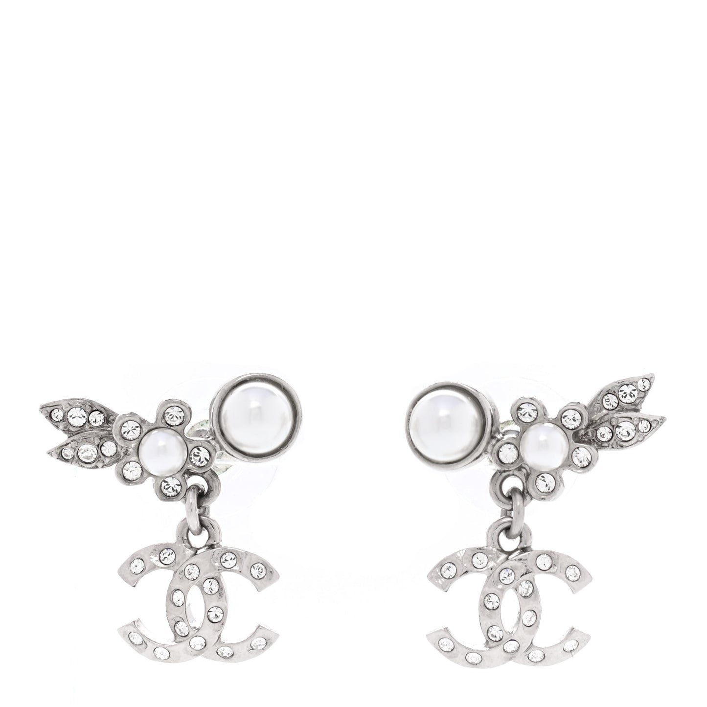 Crystal Pearl CC Leaf Earrings Silver