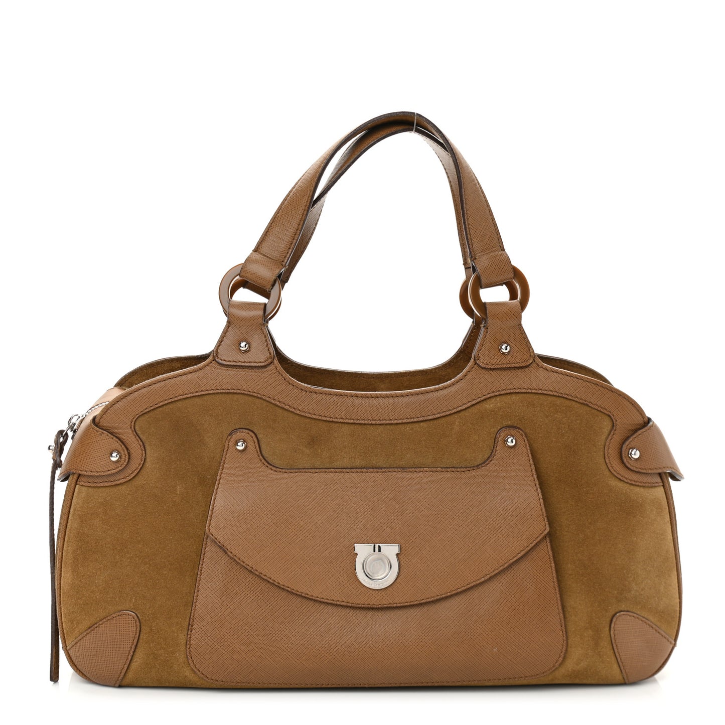 Suede Printed Calfskin Gancini Satchel Brown