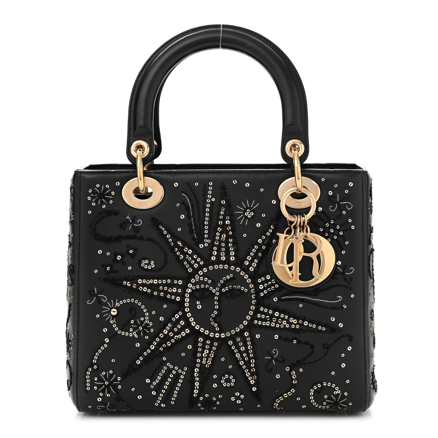 Christian Dior Calfskin Sequins Astrology Medium Lady Dior Black